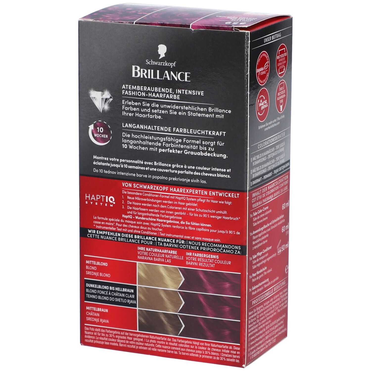 Rückseite der Haarfarben-Box. Enthält Informationen zur Anwendung und Farbergebnissen. Marke: Brilliance. Farbton 859 Violette Wildseide.