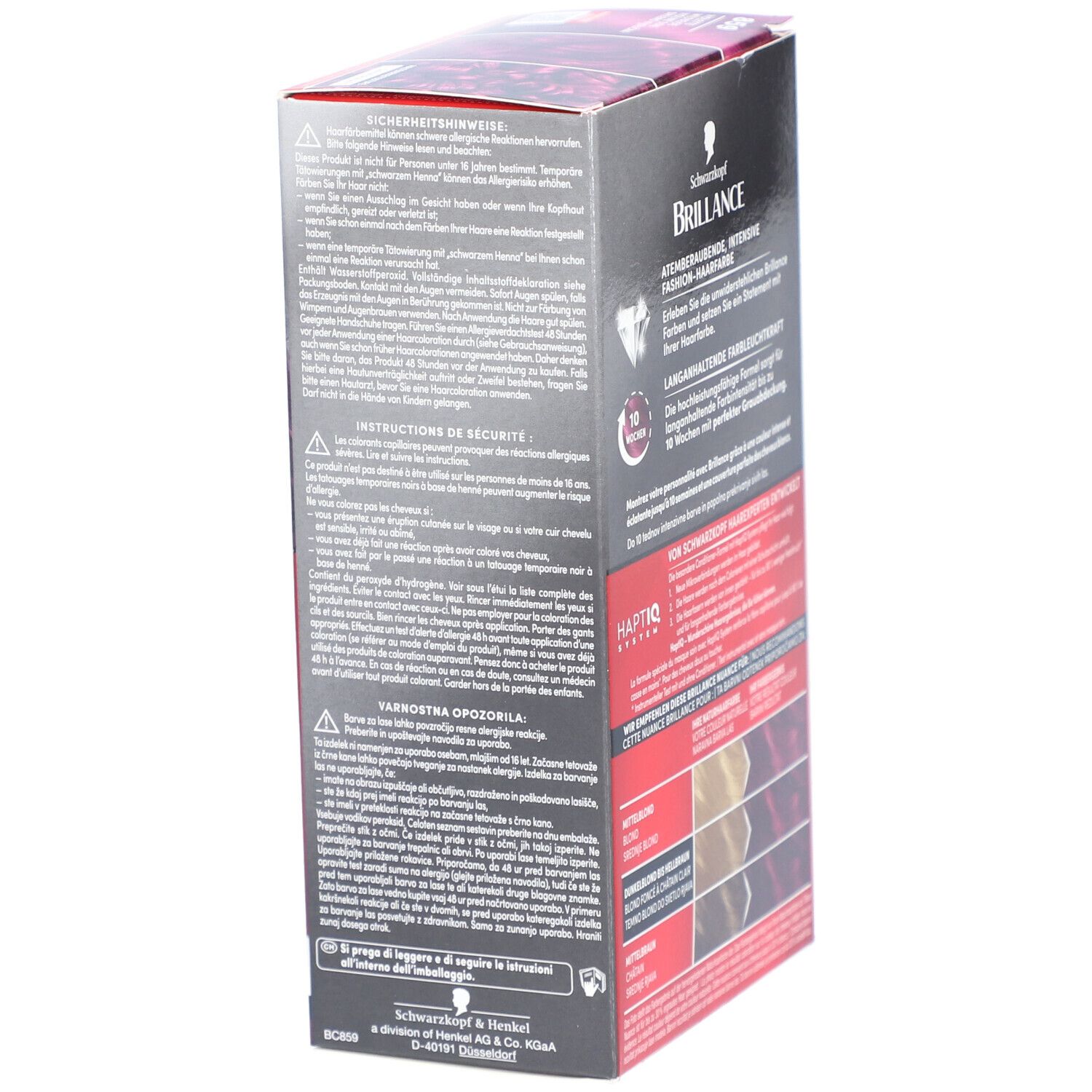 Rückseite der Haarfarben-Box. Enthält Sicherheitsinformationen und Warnhinweise. Marke: Brilliance. Farbton 859 Violette Wildseide.