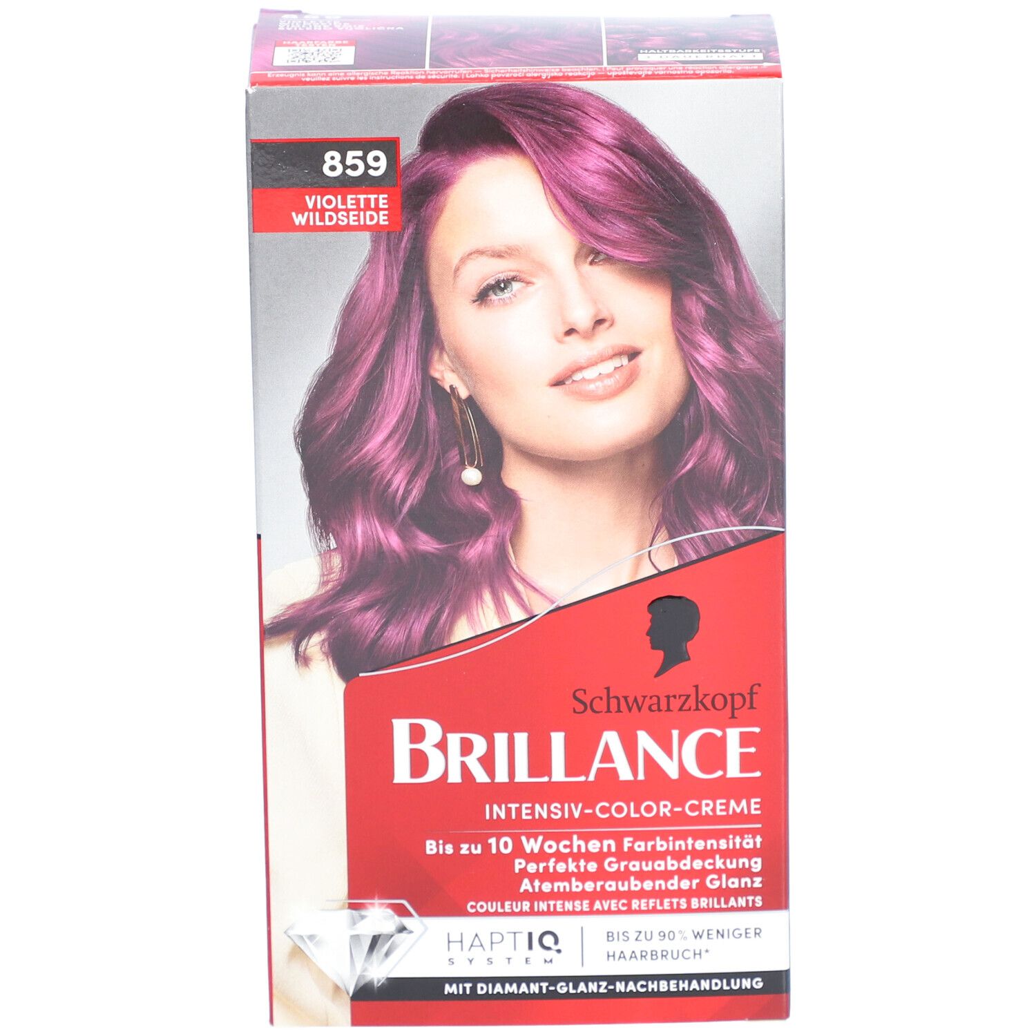 Haarfarben-Box mit Frau mit violettem Haar. Marke: Brilliance. Text: Intensiv-Color-Creme, Farbton 859 Violette Wildseide.