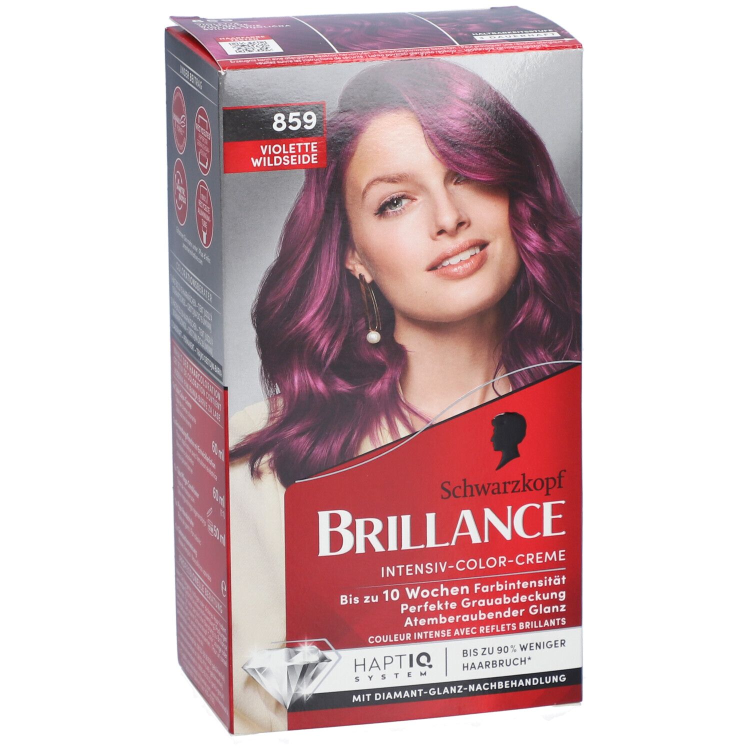 Haarfarben-Box mit Frau mit violettem Haar. Marke: Brilliance. Text: Intensiv-Color-Creme, Farbton 859 Violette Wildseide.