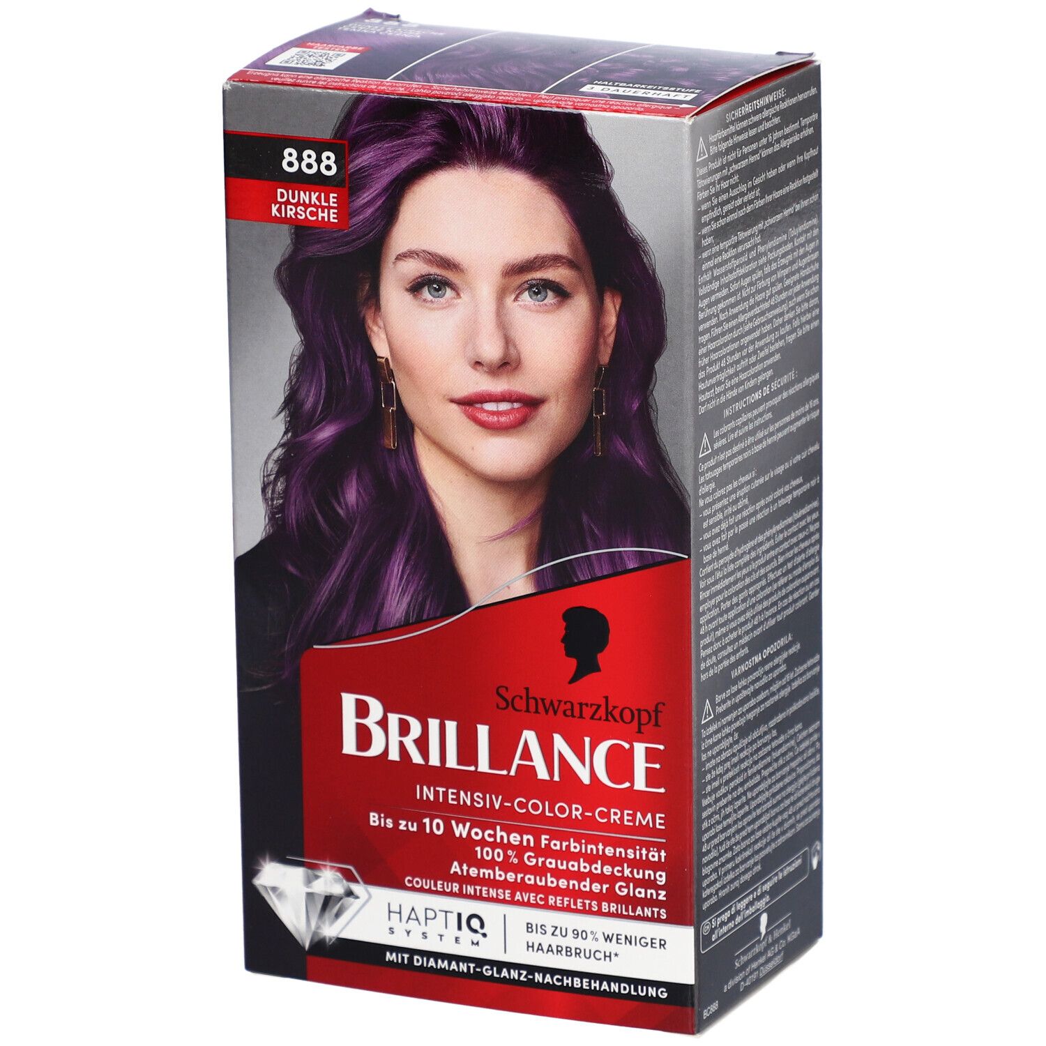 Schwarzkopf Brillance, Farbverpackung. 888 Dunkle Kirsche. Frau mit gefärbten Haaren. Intensiv-Color-Creme.