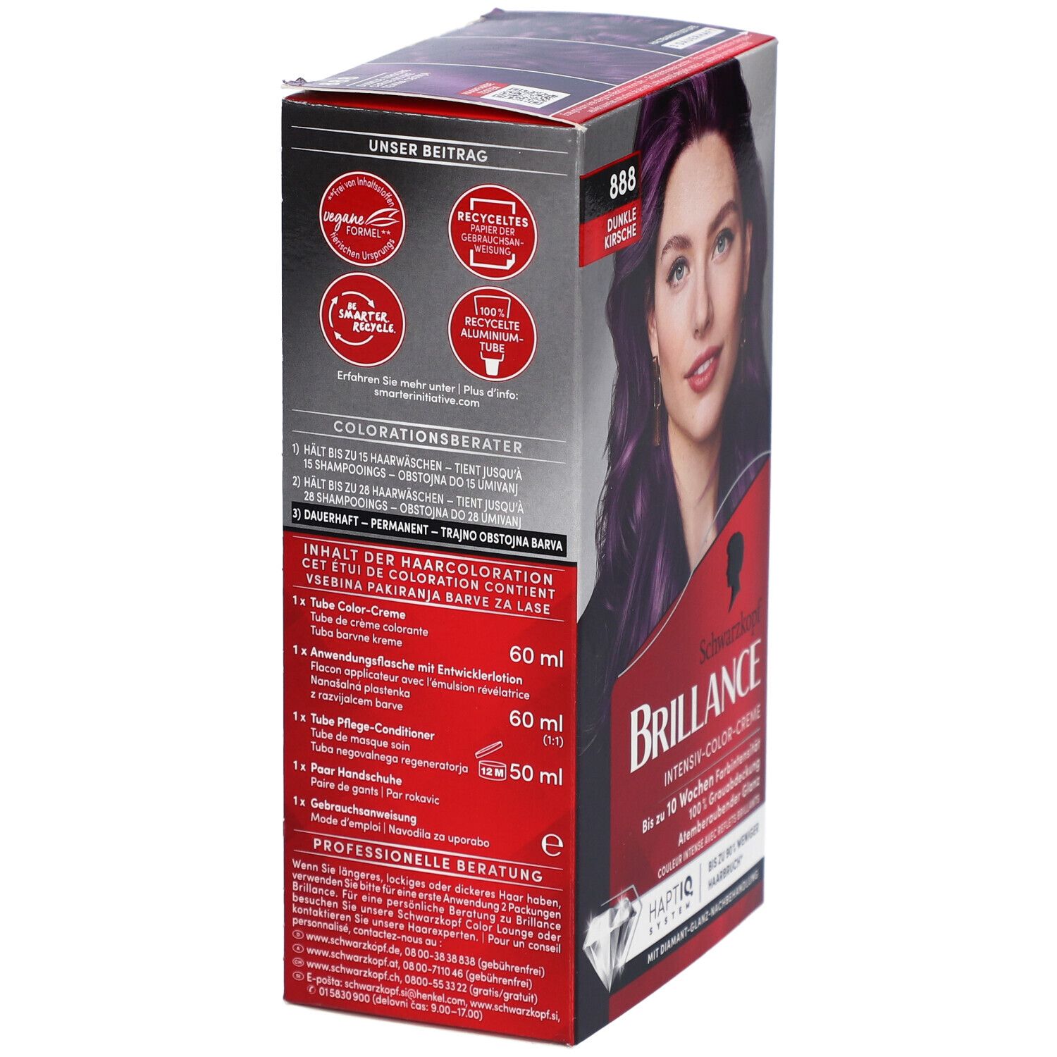 Schwarzkopf Brillance Verpackung, Seite. 888 Dunkle Kirsche. Inhaltsangaben, Farbberater, Inhaltsstoffe, Kontaktinformationen.