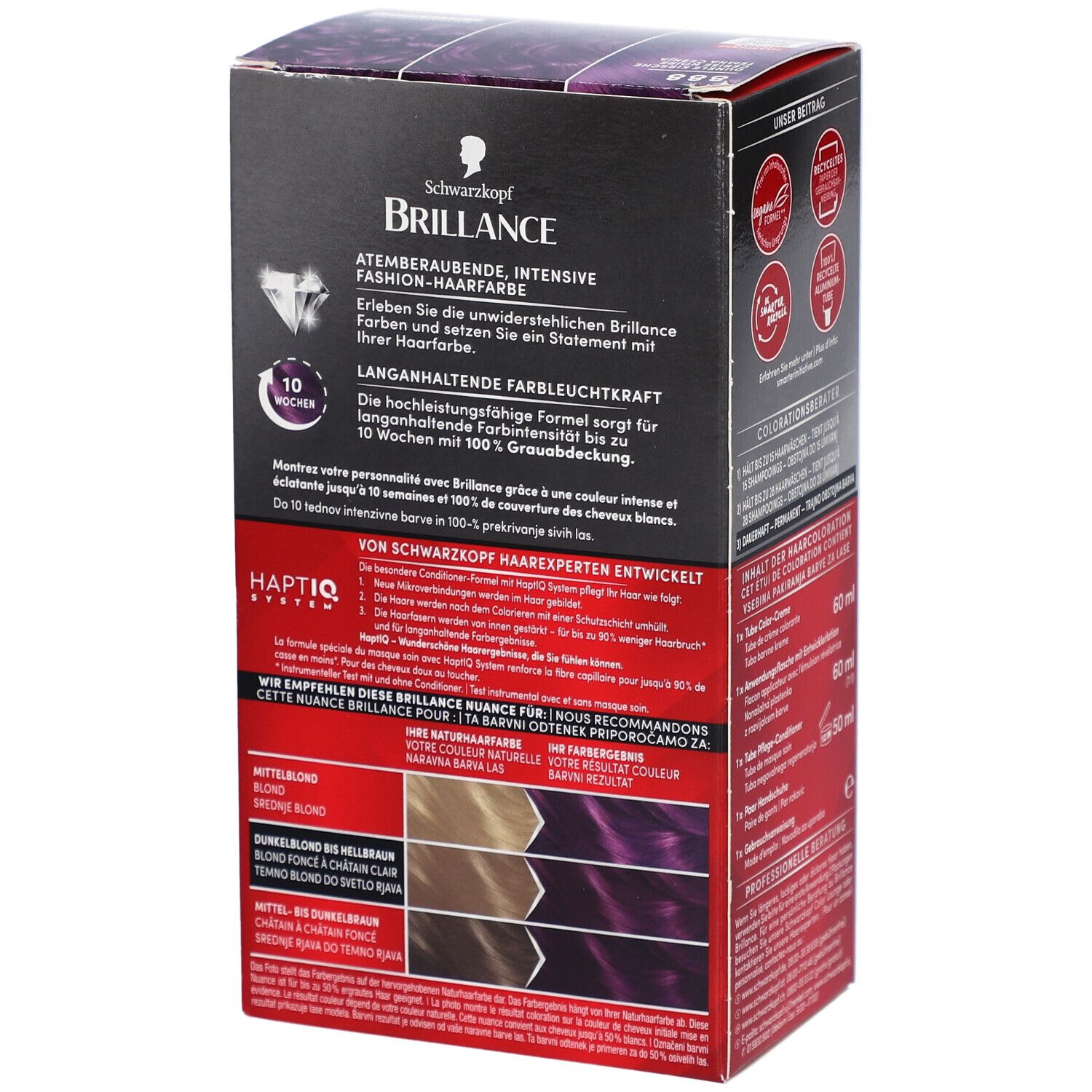 Rückseite der Schwarzkopf Brillance Verpackung. Informationen zur Farbe, Farbergebnisse, Anwendungshinweise, Haptiq System.
