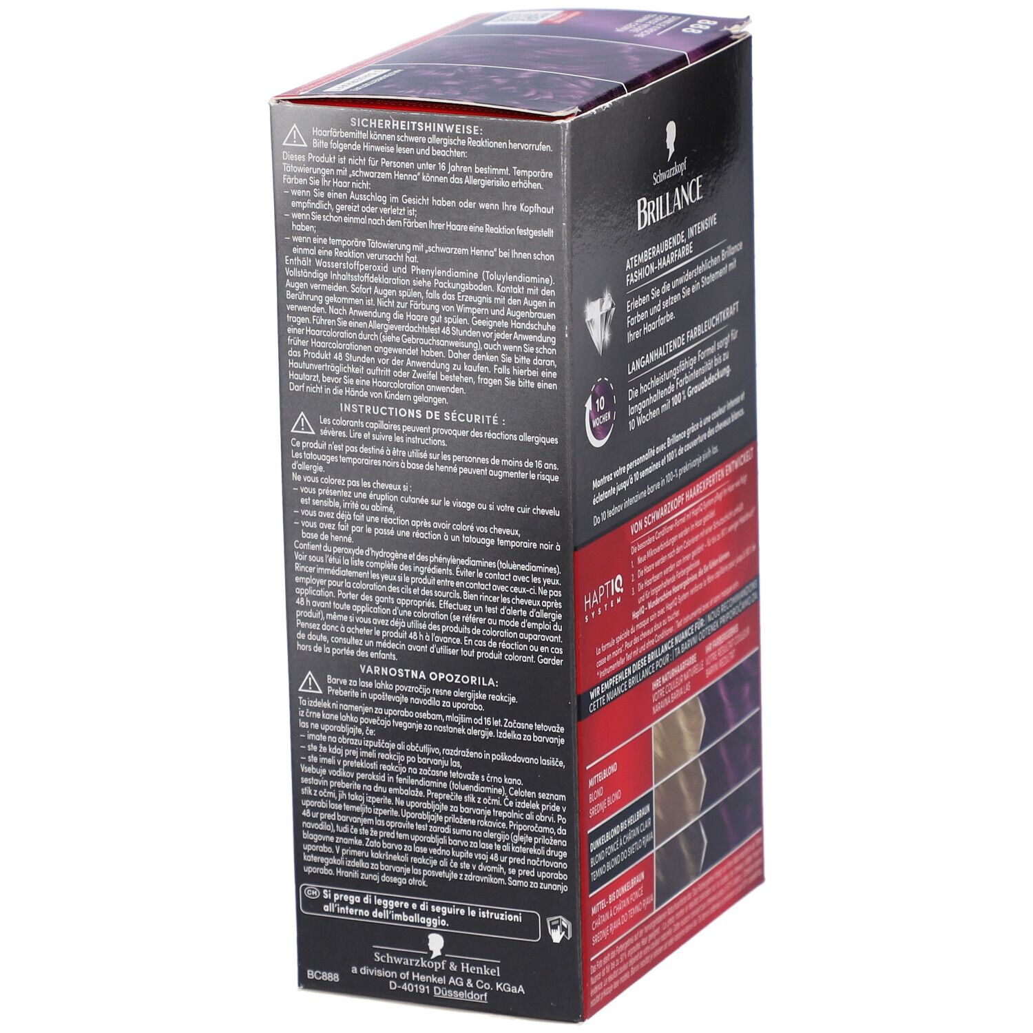 Schwarzkopf Brillance Verpackung, Seite. Warnhinweise, Sicherheitshinweise, Anwendungshinweise, Kontaktinformationen.