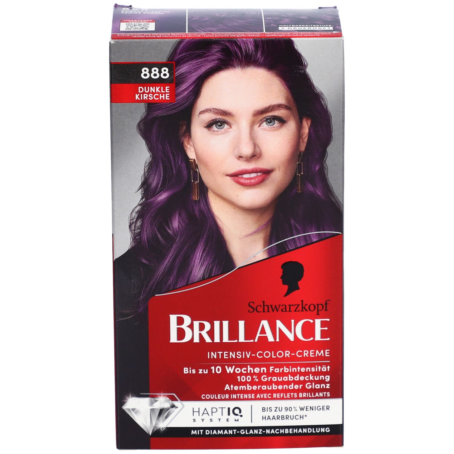 Schwarzkopf Brillance, Farbverpackung. 888 Dunkle Kirsche. Frau mit gefärbten Haaren. Intensiv-Color-Creme.