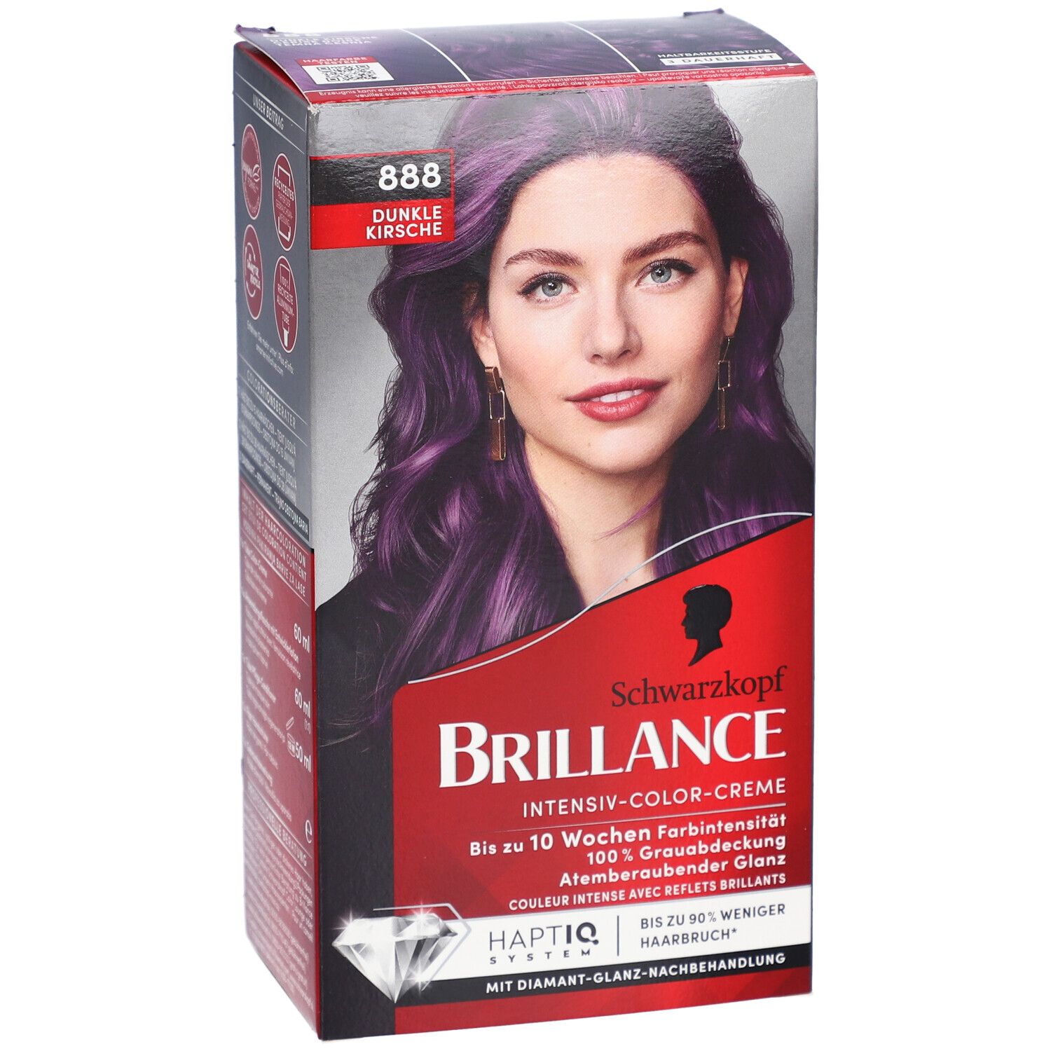 Schwarzkopf Brillance, Farbverpackung. 888 Dunkle Kirsche. Frau mit gefärbten Haaren. Intensiv-Color-Creme.