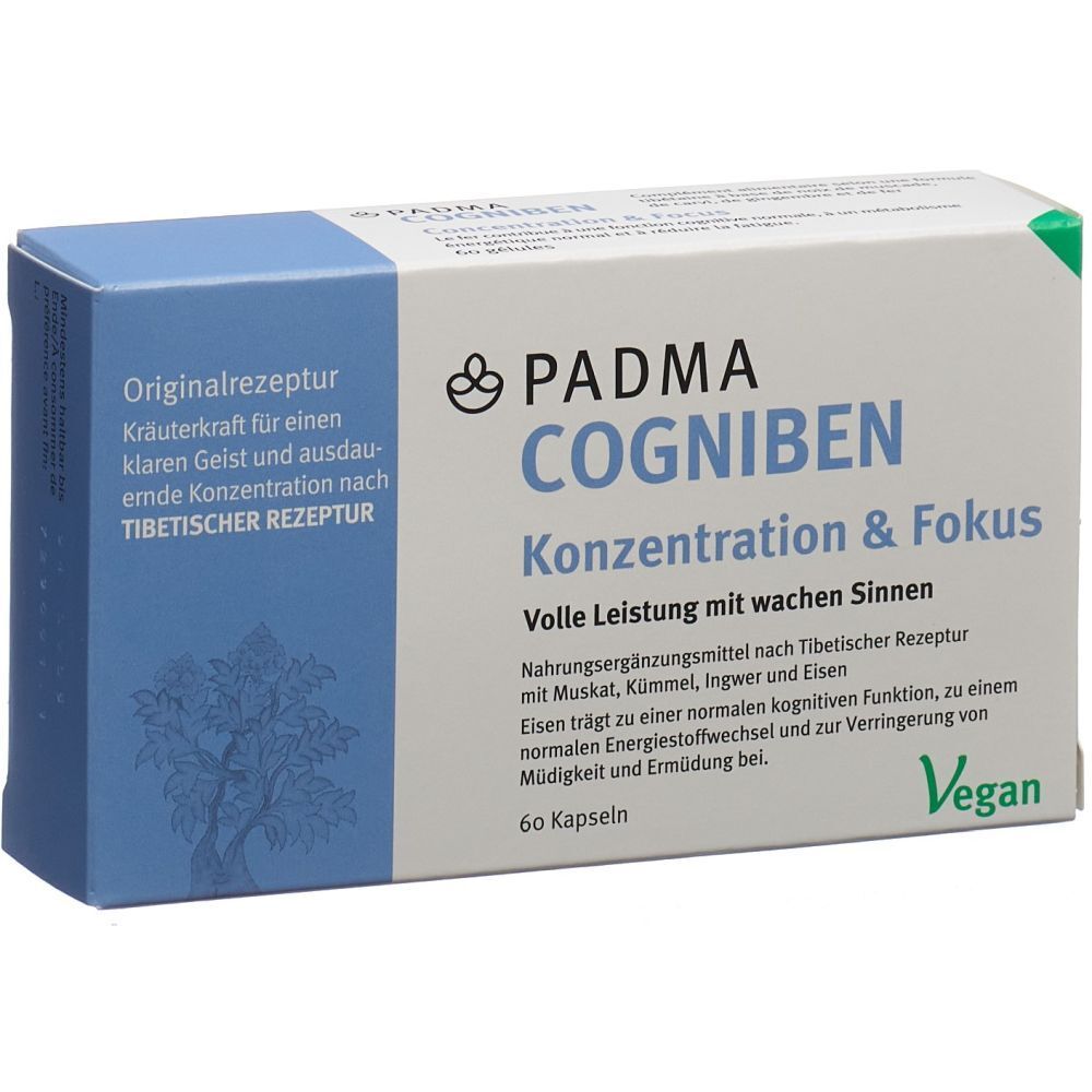 Boîte de gélules PADMA COGNIBEN. Emballage bleu et blanc avec nom du produit et informations. 60 gélules, label Vegan.