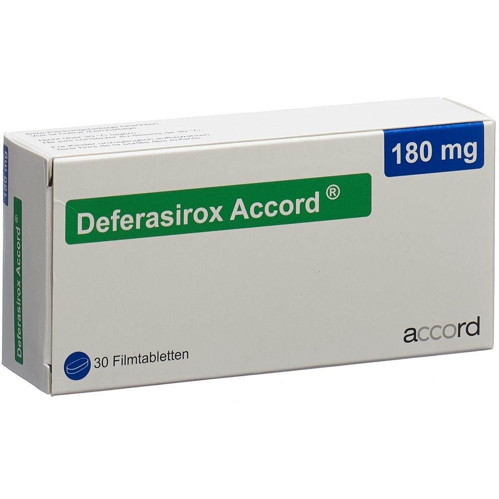 Boîte de "Deferasirox Accord" avec "180 mg". Contient 30 comprimés pelliculés. Marque "accord".