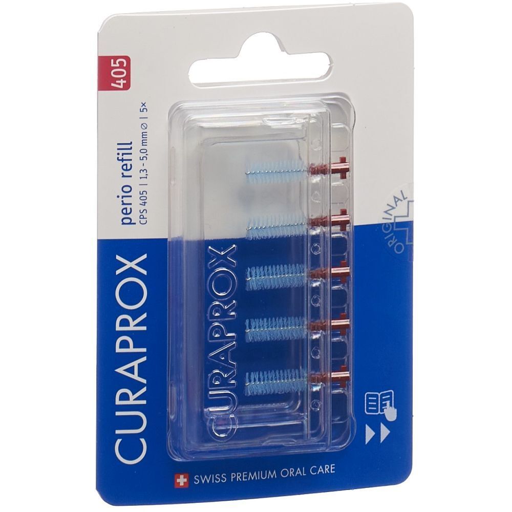 Recharges CURAPROX CPS 405. Emballage blister. Brossettes bleues, supports rouges. Logo "CURAPROX".