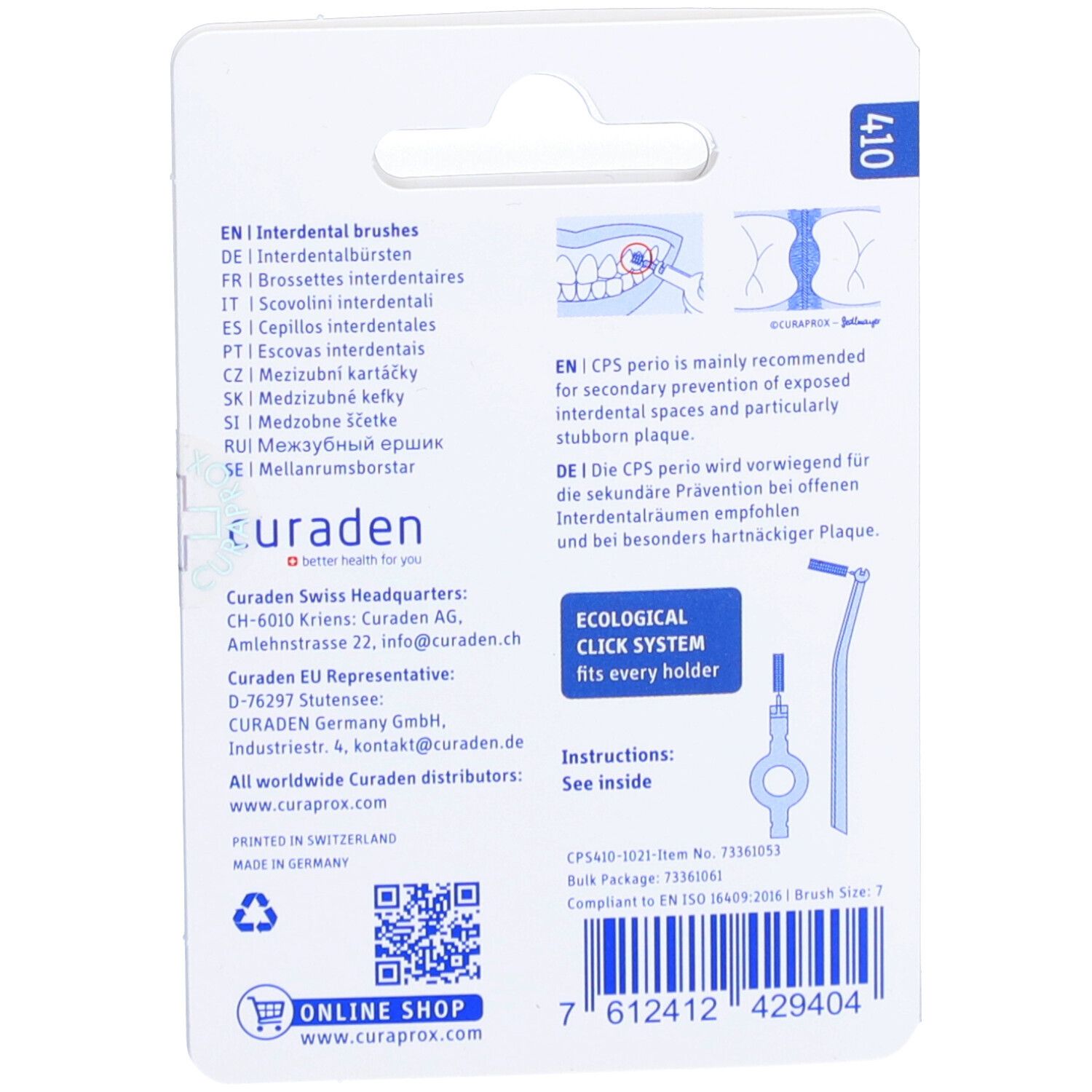 Rückseite der Verpackung mit Text in mehreren Sprachen. Illustrationen und Text zur Anwendung. Marke: Curaprox. Mit QR-Code.