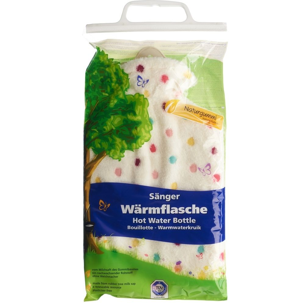 Wärmflasche in Plastikverpackung. Weißer Plüsch mit bunten Punkten und Schmetterlingen. Aufschrift: SÄNGER Wärmflasche.