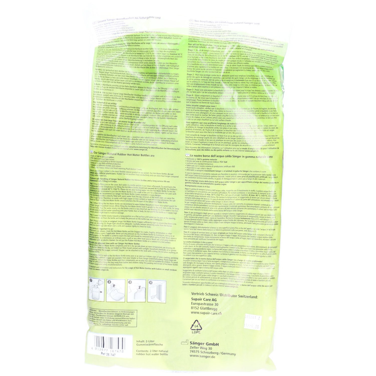 Rückseite der Verpackung. Text und Piktogramme. Herstellerinformationen. Grüner Hintergrund.
