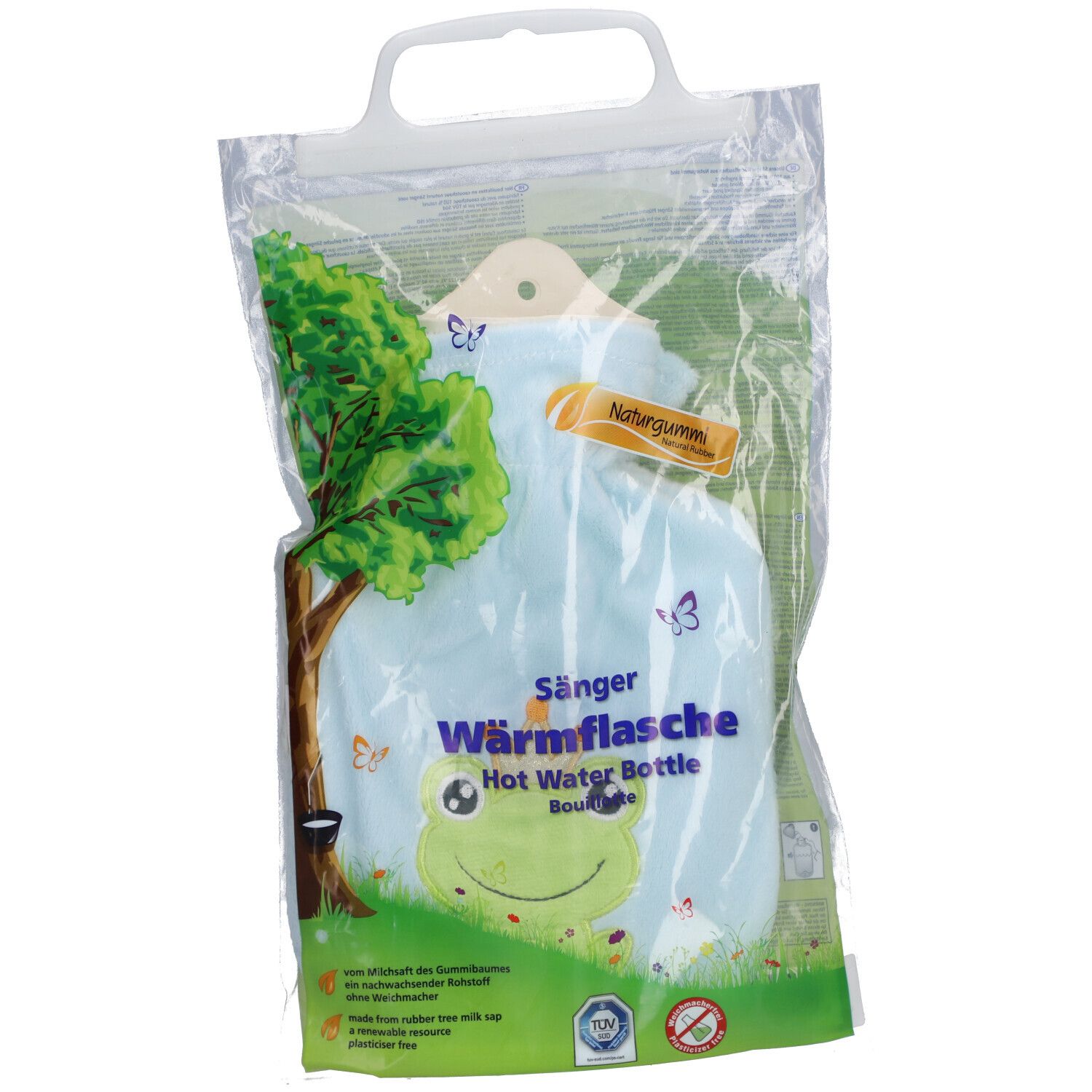 Wärmflasche mit Velourbezug, hellblau, Froschmotiv, in Plastiktüte. Naturkautschuk. Mit Tragegriff.