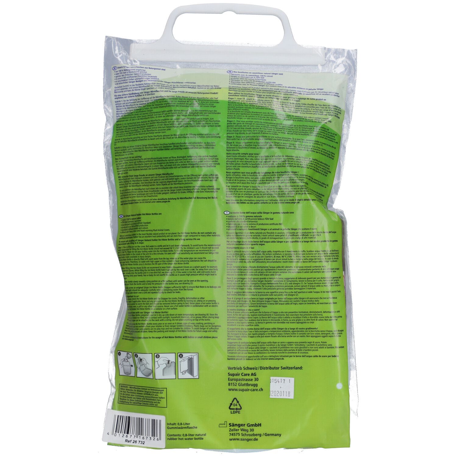 Rückseite der Verpackung. Grün mit Text. Herstellerinformationen und Gebrauchsanweisung. Plastiktüte.