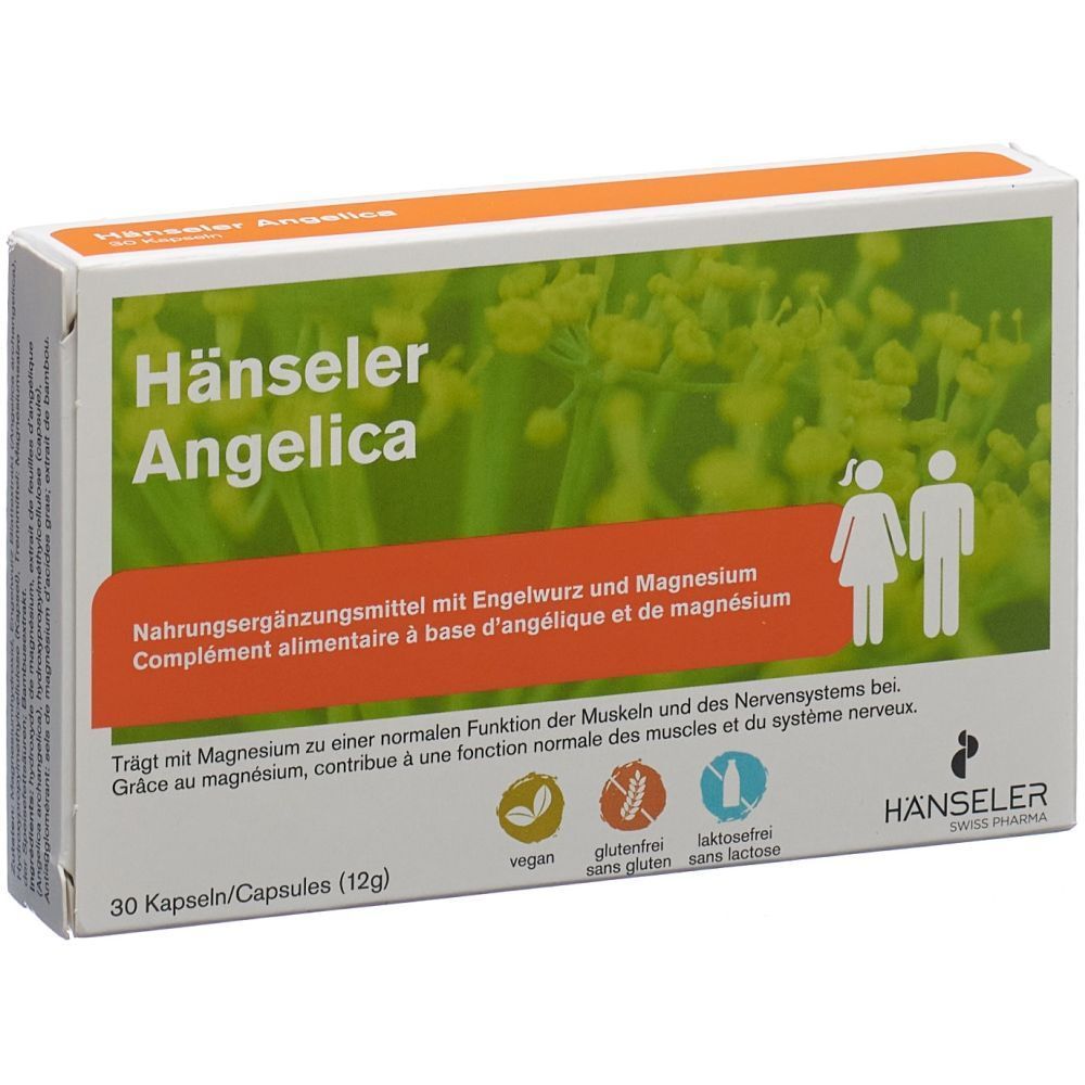 Hänseler Angelica Kapseln-Packung. Weiß-orangefarbene Schachtel mit Produktnamen, Inhaltsangaben und Logo. 30 Kapseln.