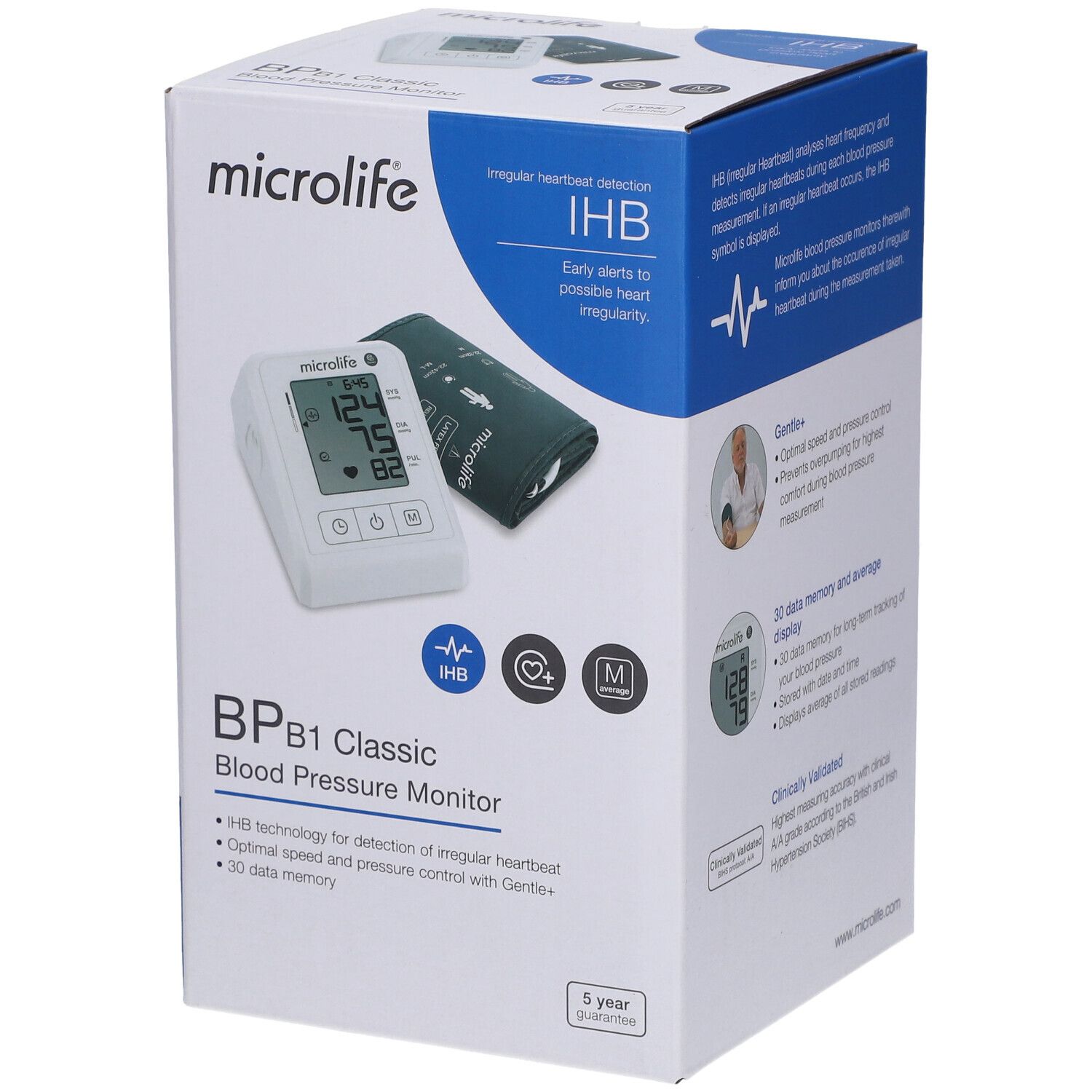 Verpackung des Blutdruckmessgeräts B1 Classic von Microlife. Zeigt das Gerät, Manschette und Informationen zu Funktionen wie IHB und Speicher.