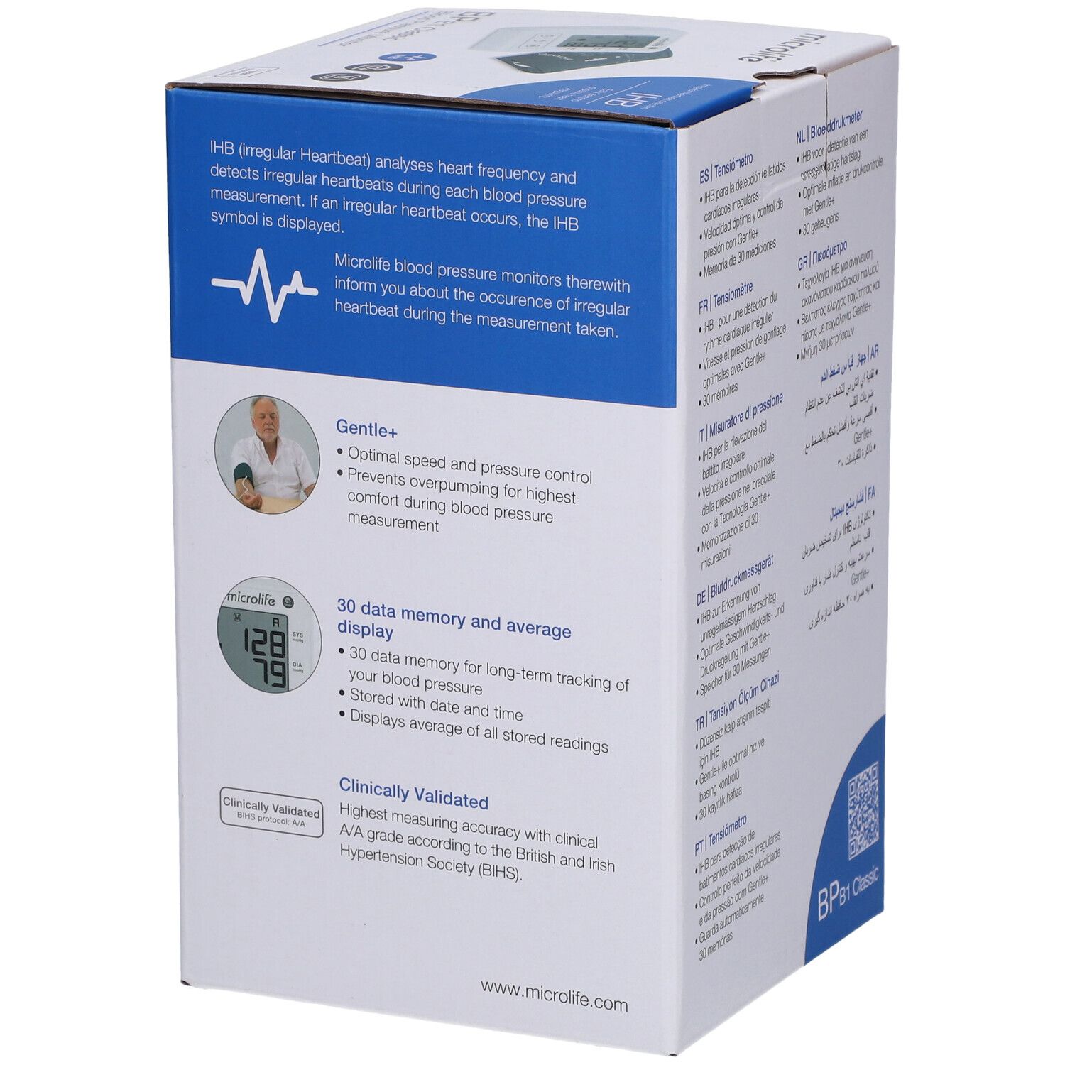 Seite der Verpackung des Blutdruckmessgeräts B1 Classic. Beschreibt IHB-Funktion, Gentle+ und Speicher. Klinisch validiert.