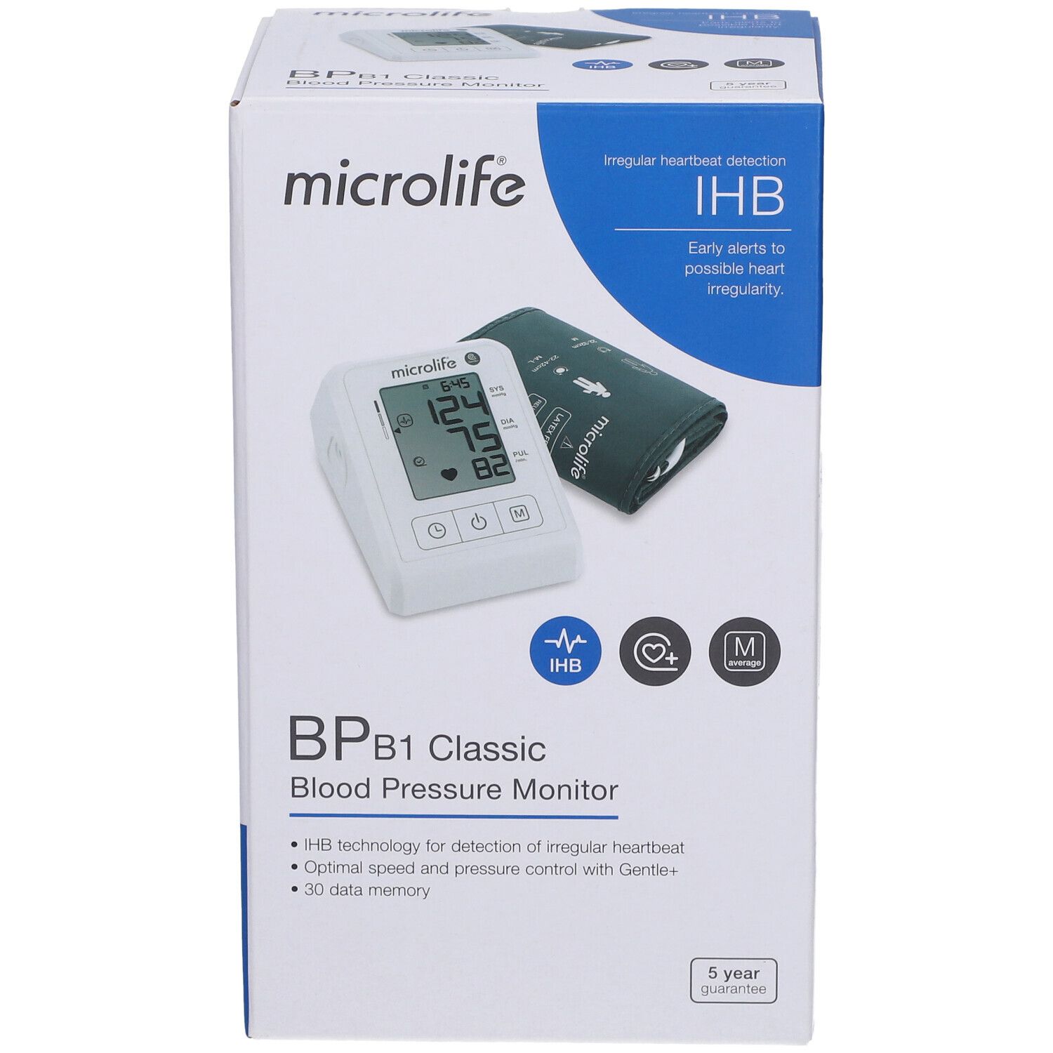 Verpackung des Blutdruckmessgeräts B1 Classic von Microlife. Zeigt das Gerät, Manschette und Informationen zu Funktionen wie IHB und Speicher.