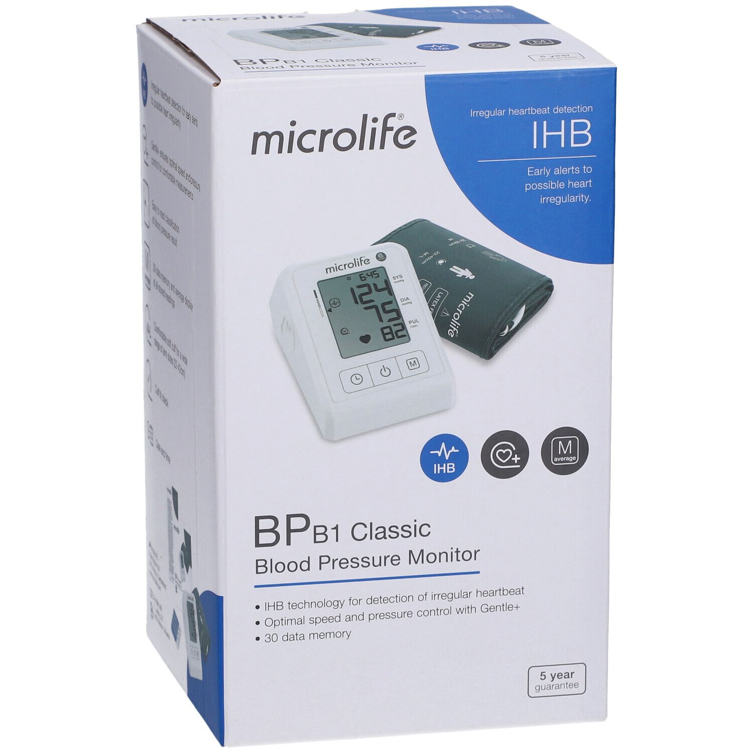 Verpackung des Blutdruckmessgeräts B1 Classic von Microlife. Zeigt das Gerät, Manschette und Informationen zu Funktionen wie IHB und Speicher.