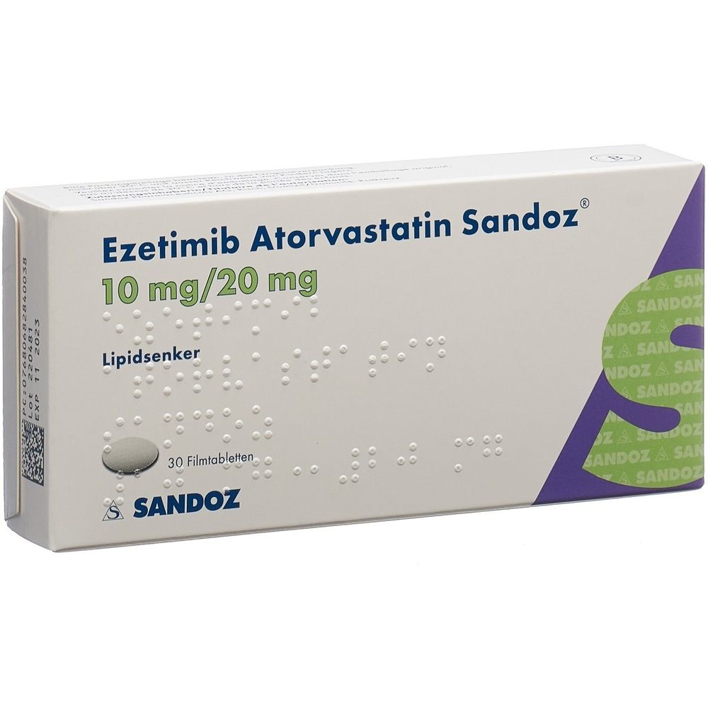 Schachtel mit Medikamenten. Aufschrift: Ezetimib Atorvastatin Sandoz 10 mg/20 mg. 30 Filmtabletten. Marke Sandoz.