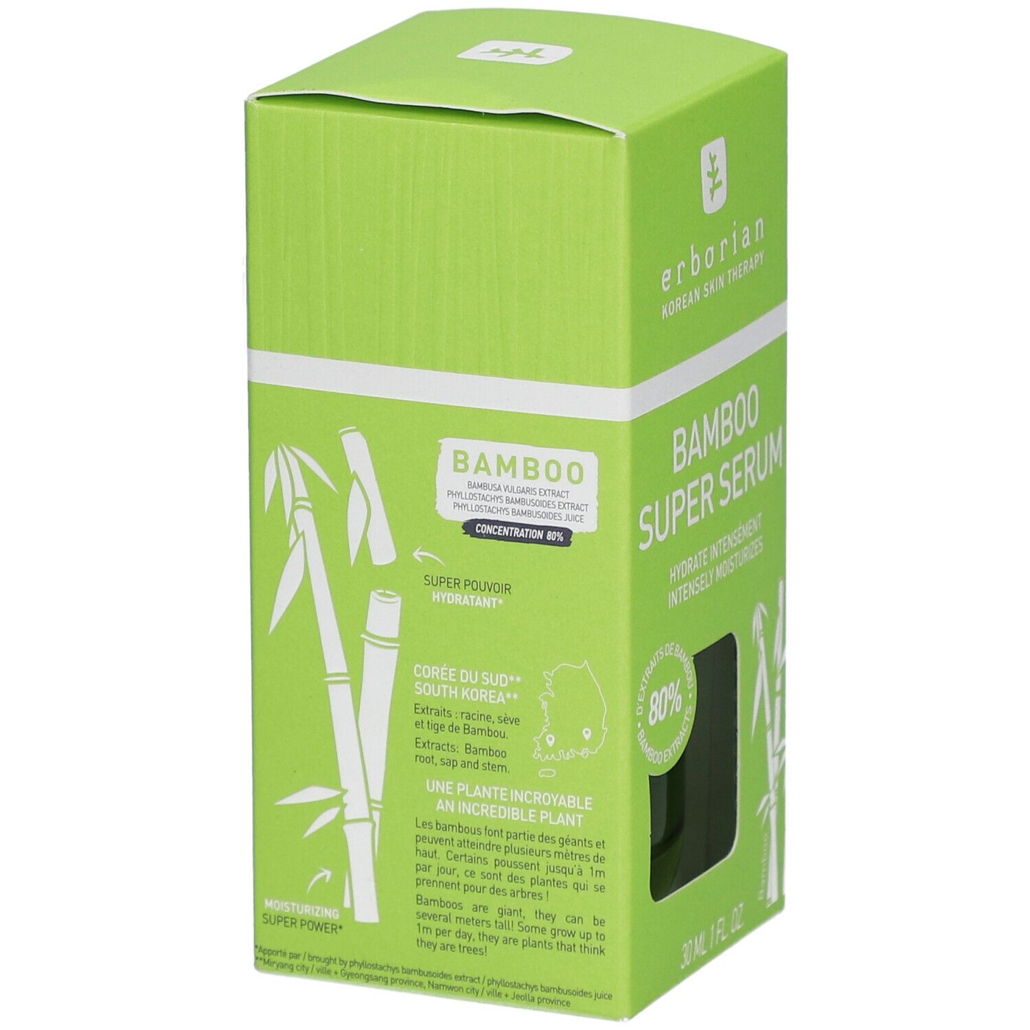 Emballage vert avec nom du produit: Bamboo Super Serum. Illustration de bambou. 80% extrait de bambou. Origine: Corée du Sud.
