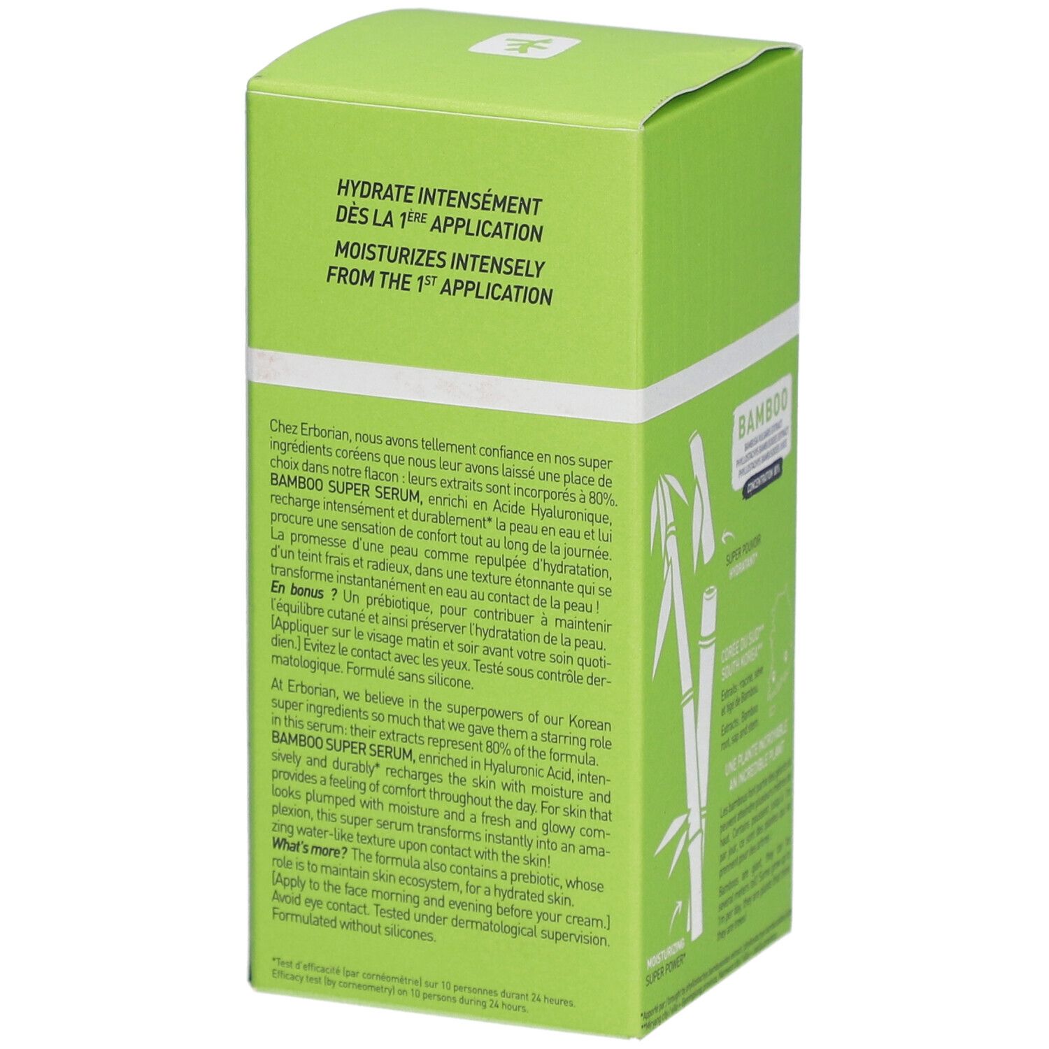 Emballage vert avec informations sur le produit. Texte: Hydrate intensément dès la 1ère application. Ingrédients, texte sur l'utilisation.