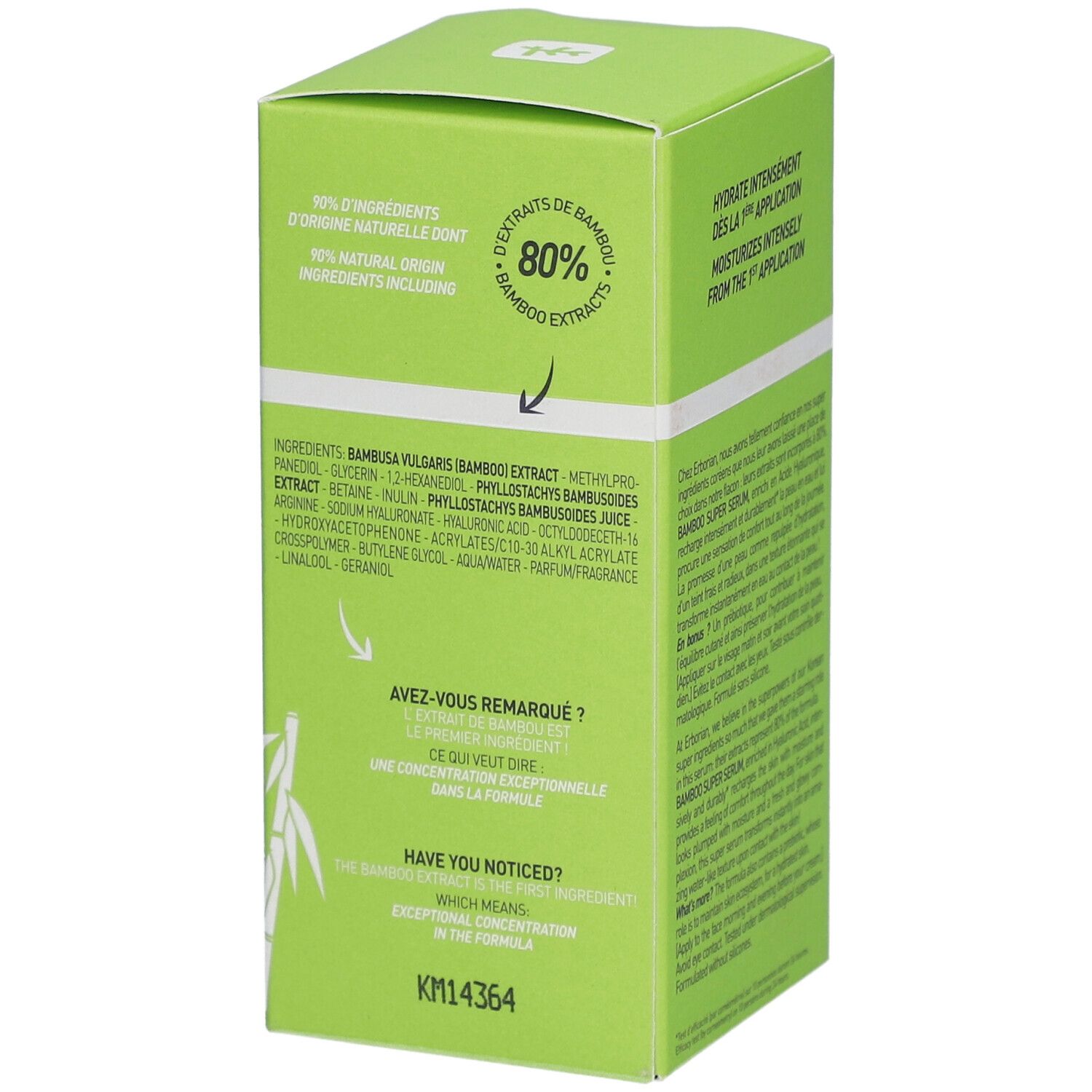 Emballage vert avec informations sur le produit. Texte: 80% d'ingrédients d'origine naturelle. Liste des ingrédients. Texte: Avez-vous remarqué?