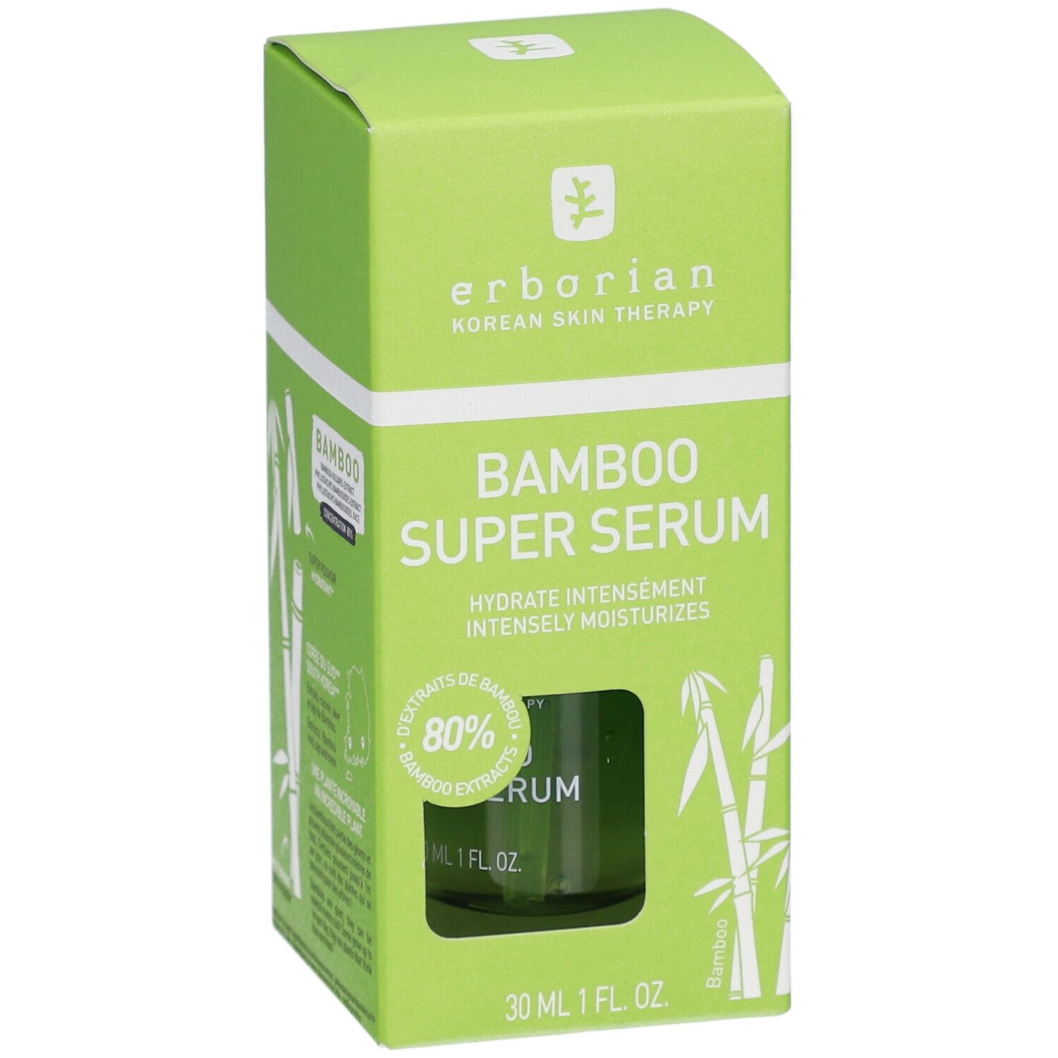Boîte verte avec nom du produit: Bamboo Super Serum. Une bouteille est visible dans la boîte. 80% d'extrait de bambou. 30 ml.
