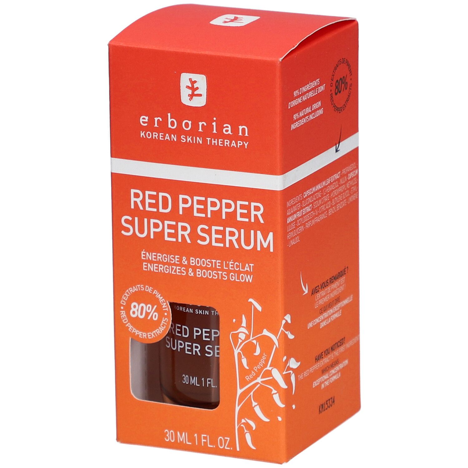 Sérum Erborian Red Pepper, emballage rouge. Contient 80% d'extrait de piment rouge. Flacon de 30 ml.