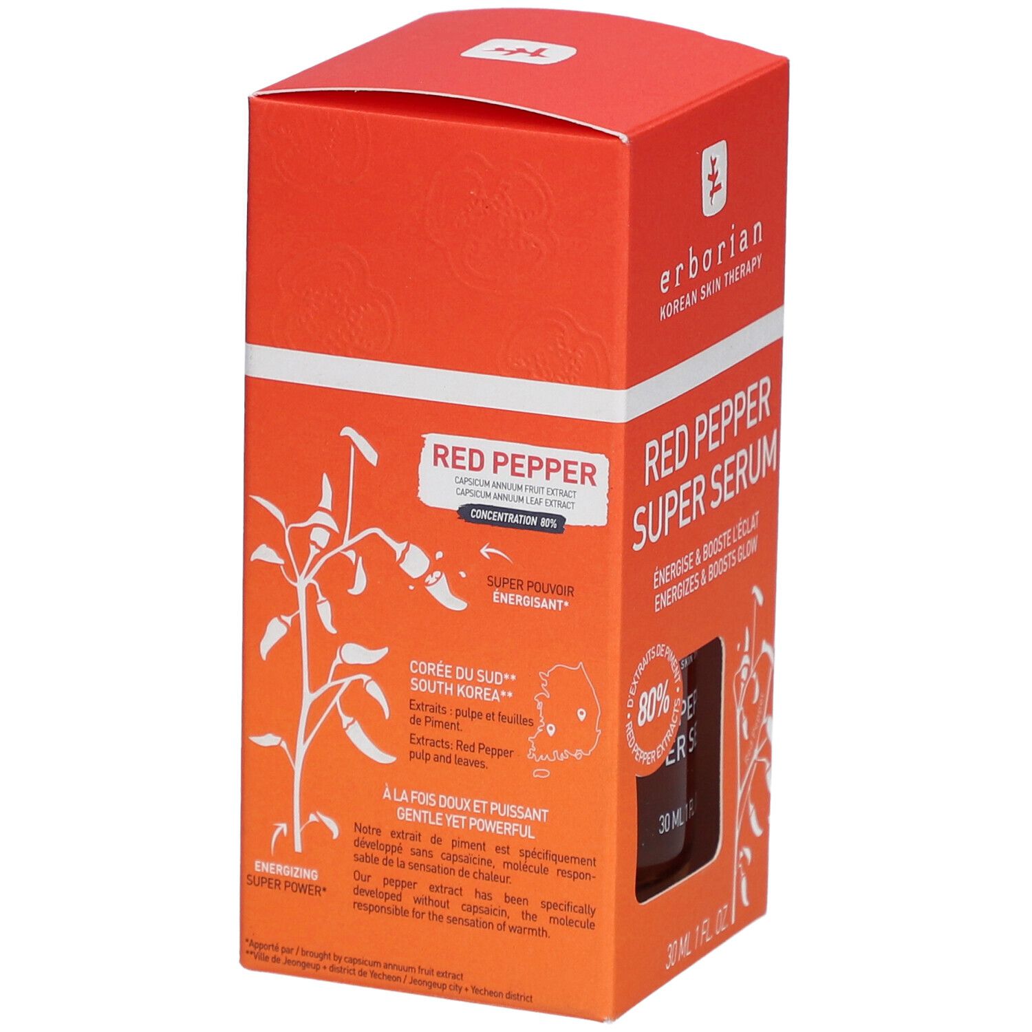 Emballage rouge du sérum Erborian Red Pepper. Contient des informations sur les ingrédients et l'origine.