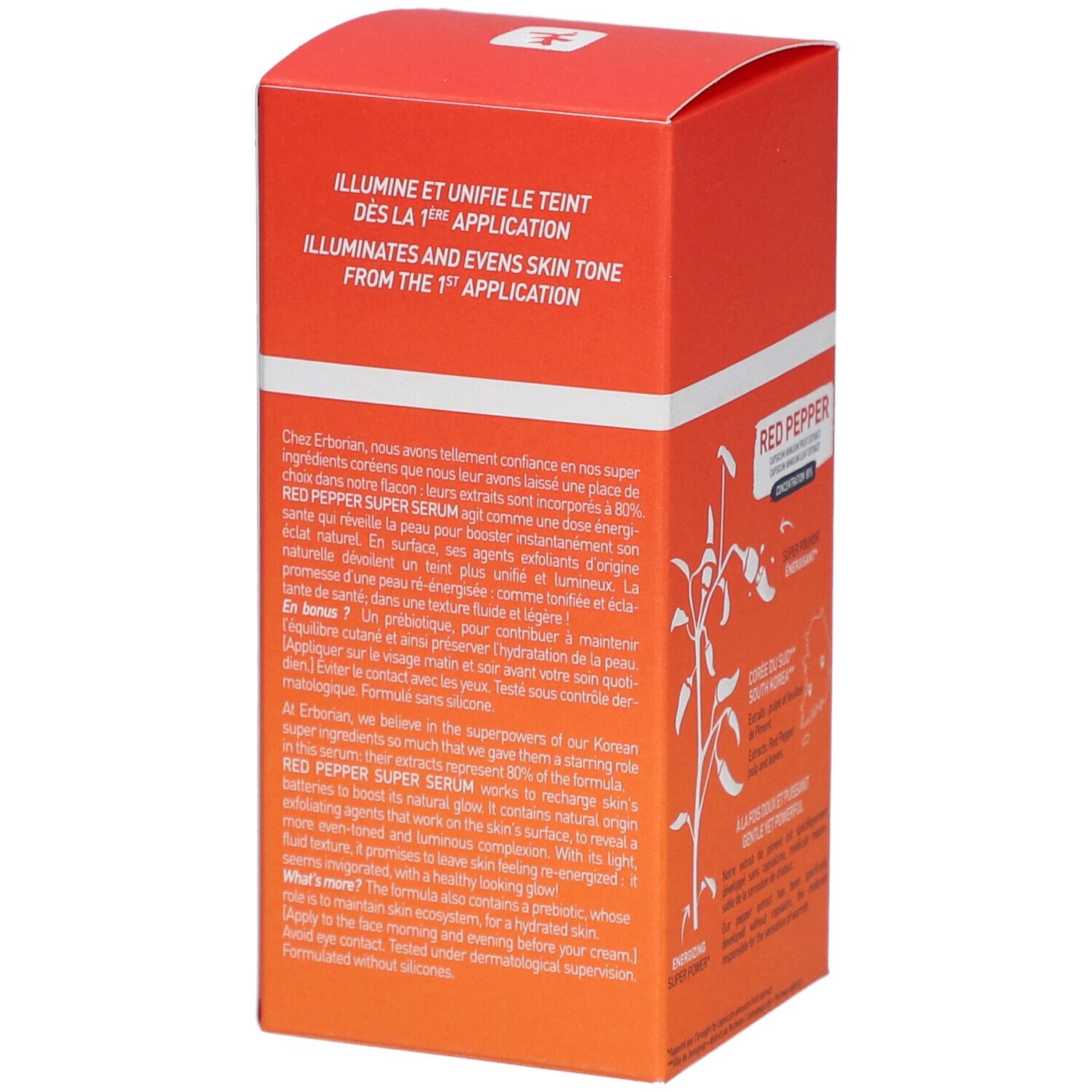 Dos de l'emballage rouge du sérum Erborian Red Pepper. Texte sur l'utilisation et les ingrédients.