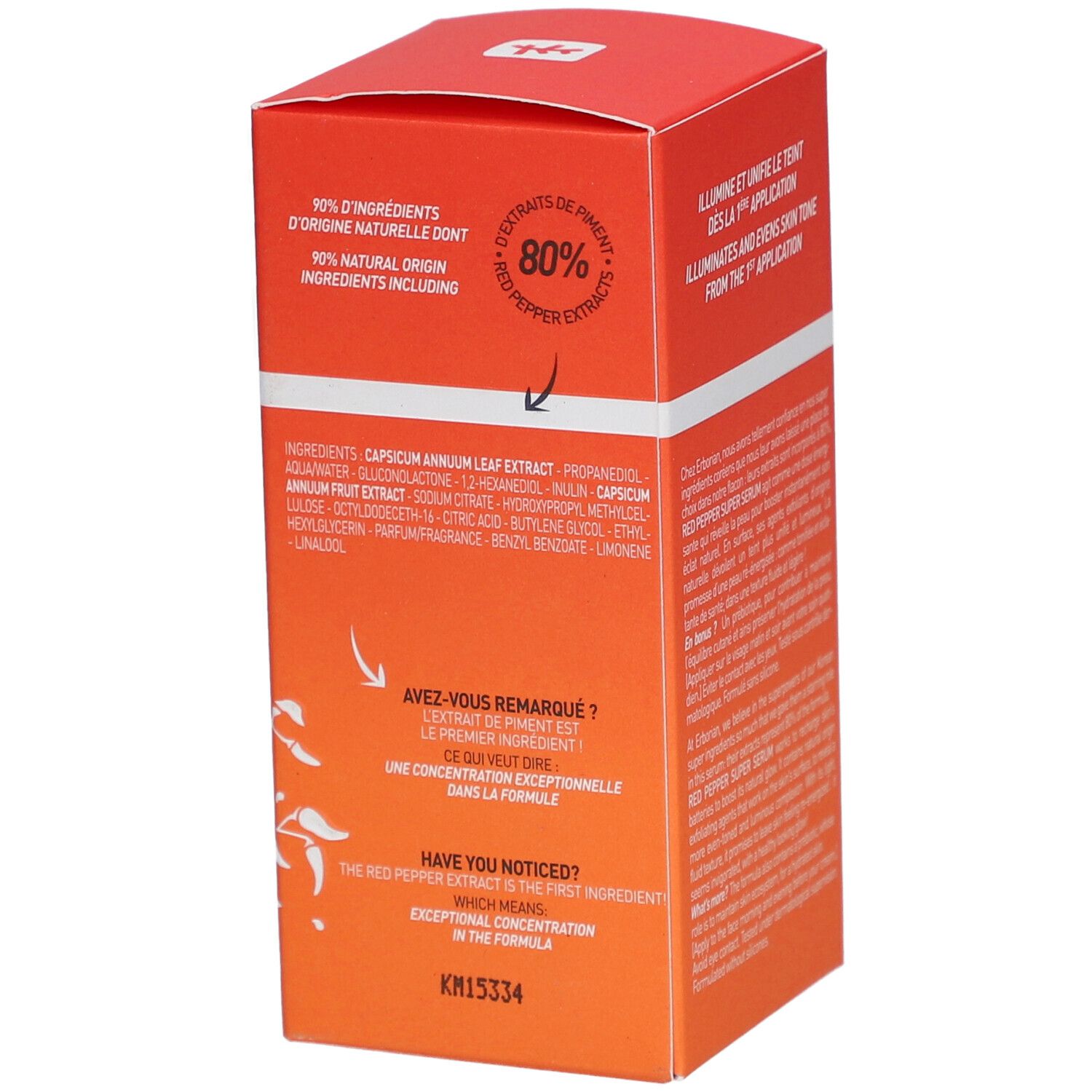 Emballage rouge du sérum Erborian Red Pepper. Contient des informations sur les ingrédients et la concentration.
