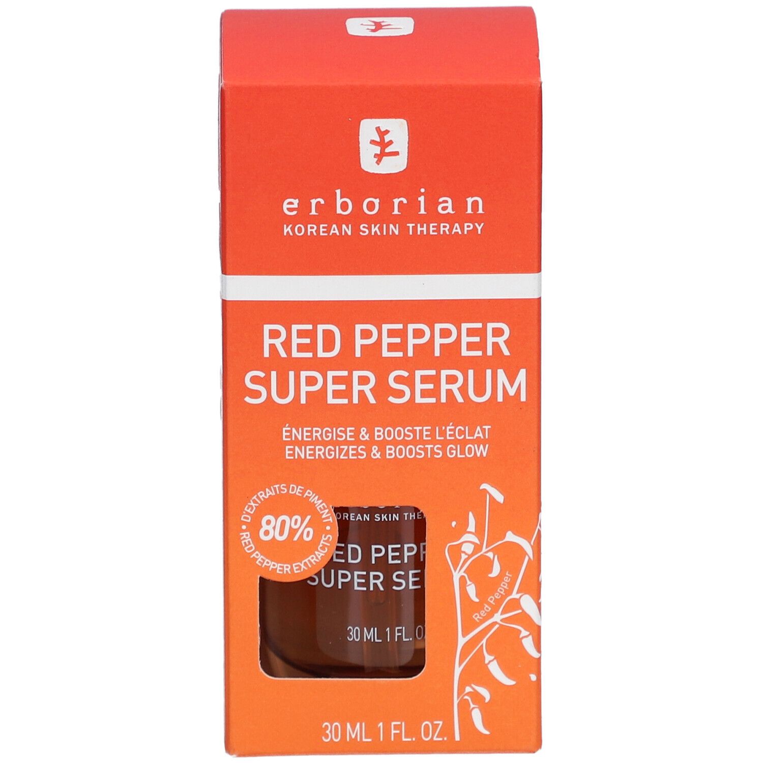Sérum Erborian Red Pepper, emballage rouge. Contient 80% d'extrait de piment rouge. Flacon de 30 ml.