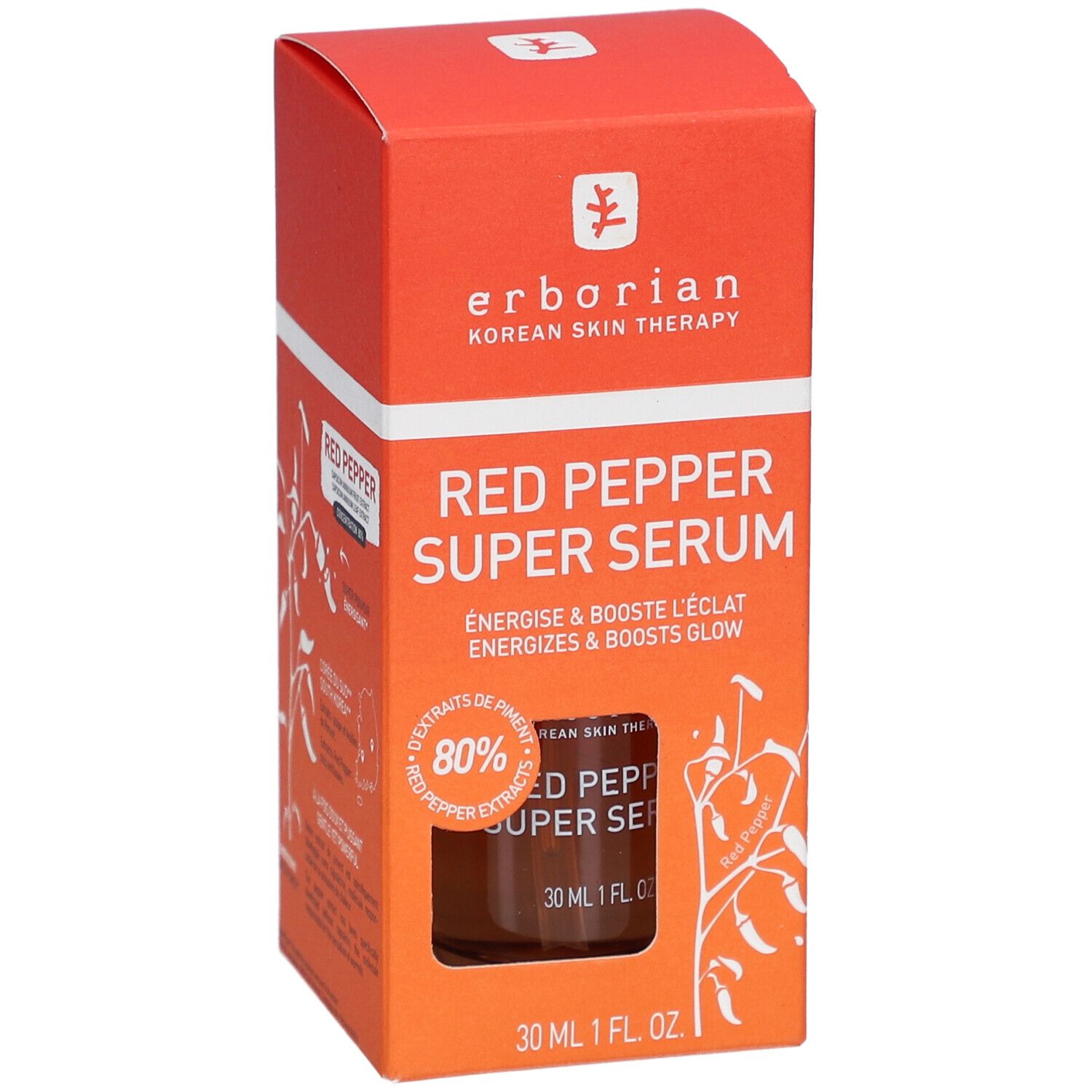 Sérum Erborian Red Pepper, emballage rouge. Contient 80% d'extrait de piment rouge. Flacon de 30 ml.