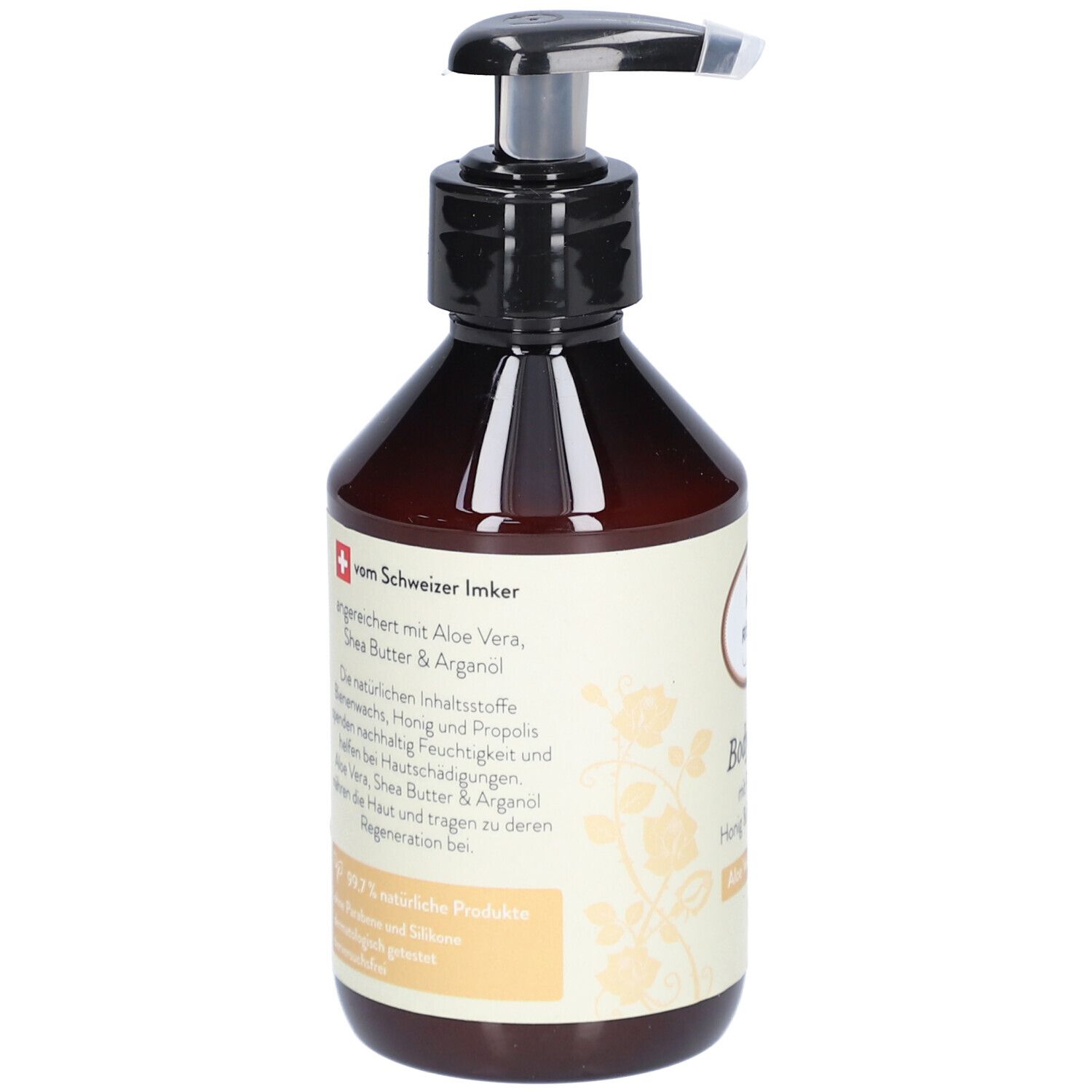 Braune Flasche mit schwarzem Pumpverschluss. Etikett mit Text und Schweizer Imker Logo.