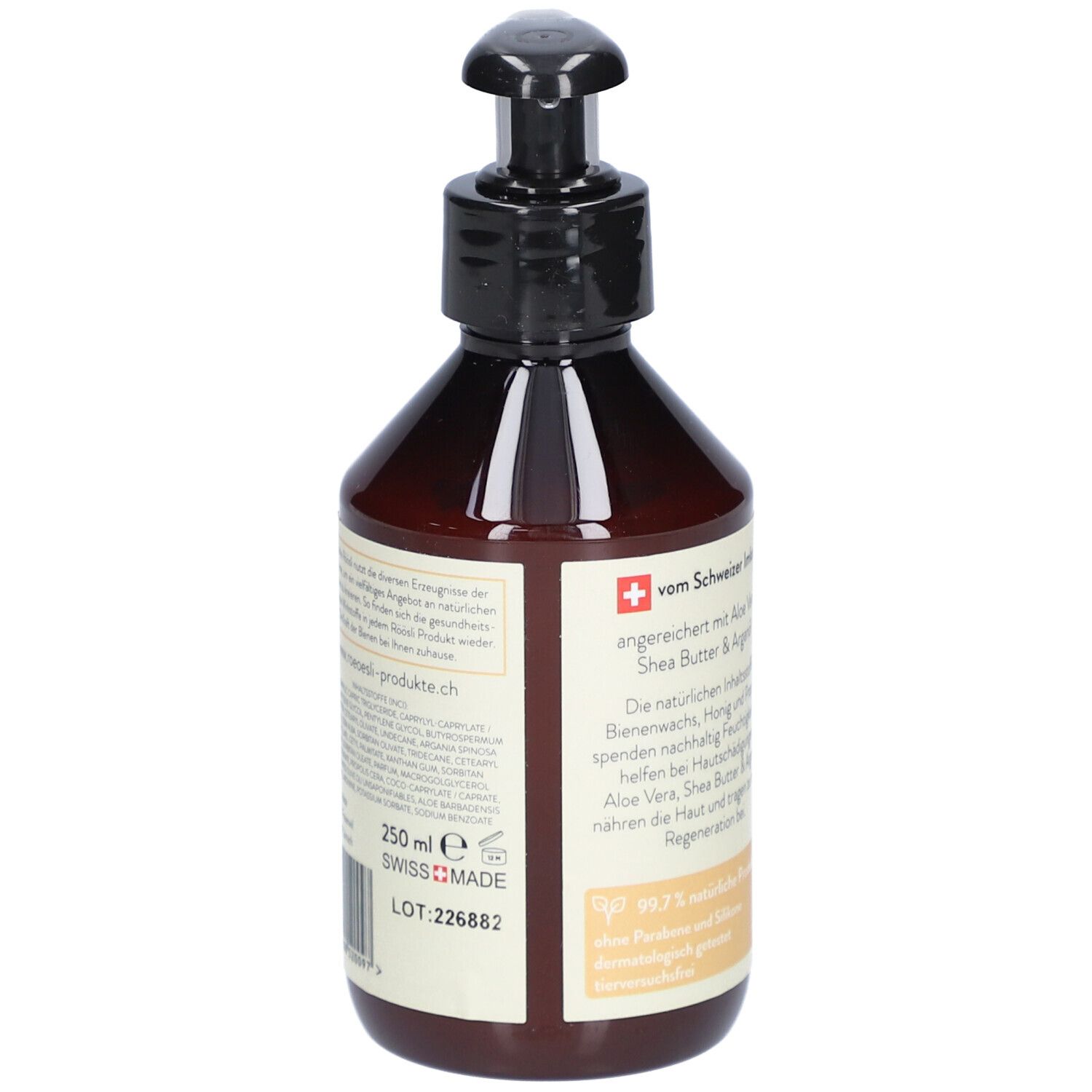 Braune Flasche mit schwarzem Pumpverschluss. Etikett mit Text, Schweizer Kreuz und 250 ml.