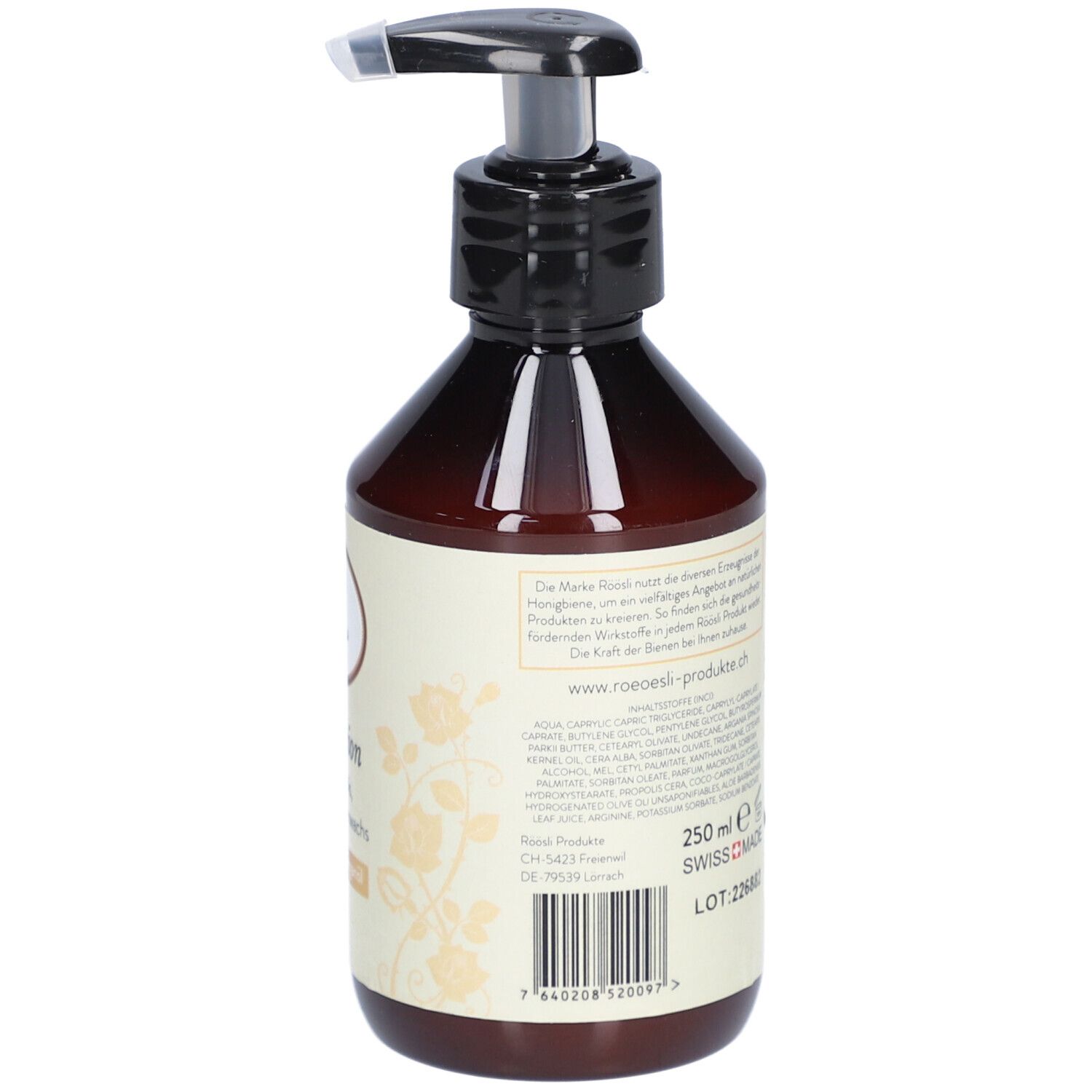 Braune Flasche mit schwarzem Pumpverschluss. Etikett mit Text, Schweizer Kreuz und 250 ml.