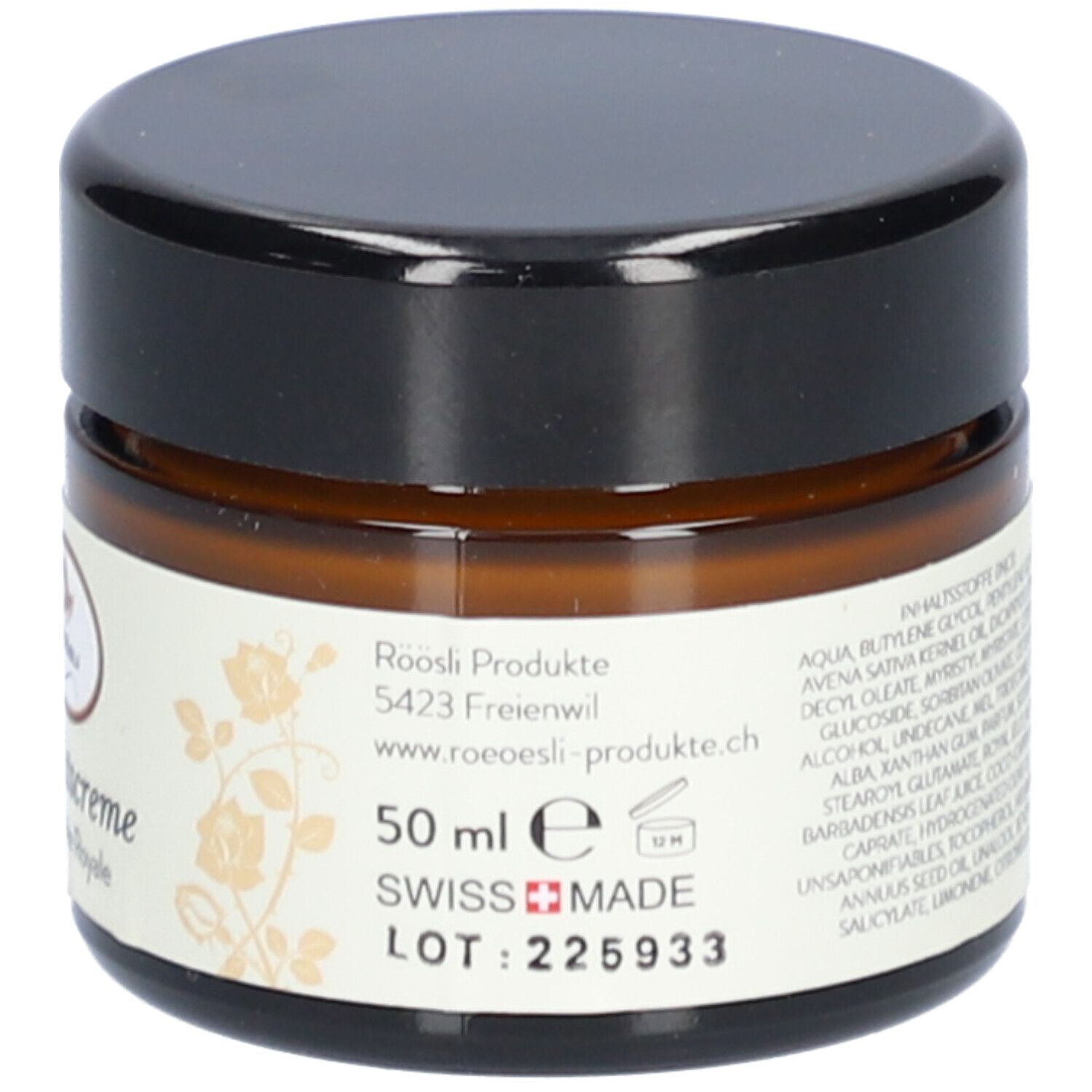 Braune Glasdose mit schwarzem Deckel. Etikett mit Text: 50 ml, Swiss Made, LOT-Nummer, Adresse.
