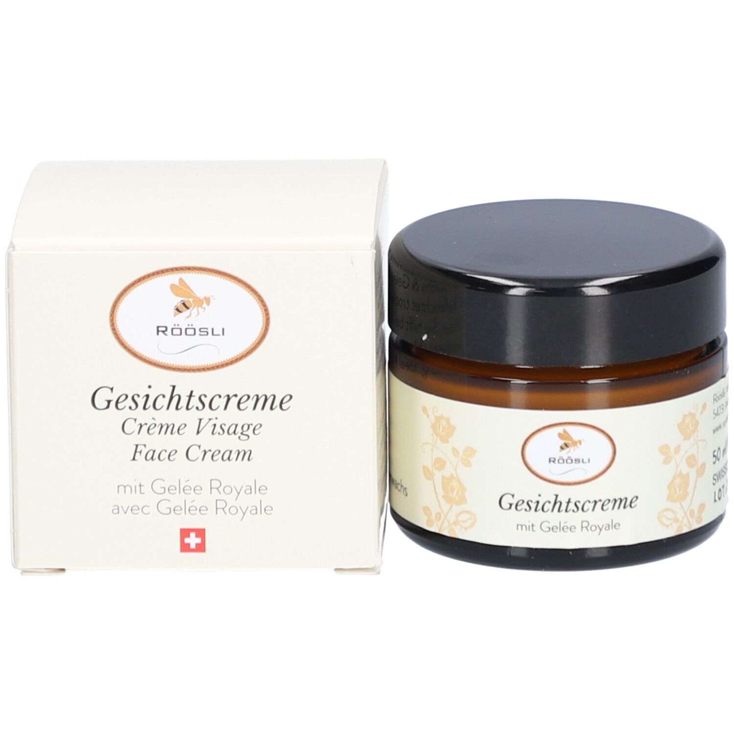 Glasdose und Schachtel. Schachtel: Röösli, Gesichtscrème, Crème Visage, Face Cream, mit Gelée Royale.