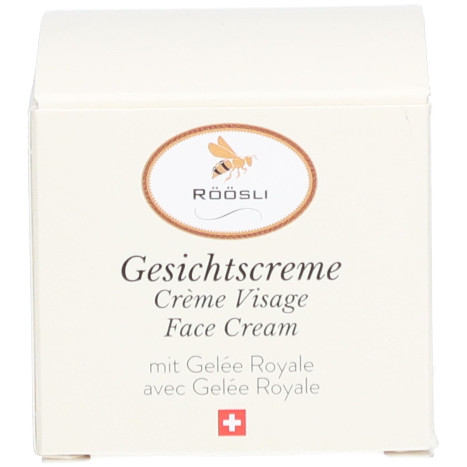 Weiße Schachtel mit Text: Röösli, Gesichtscrème, Crème Visage, Face Cream, mit Gelée Royale.