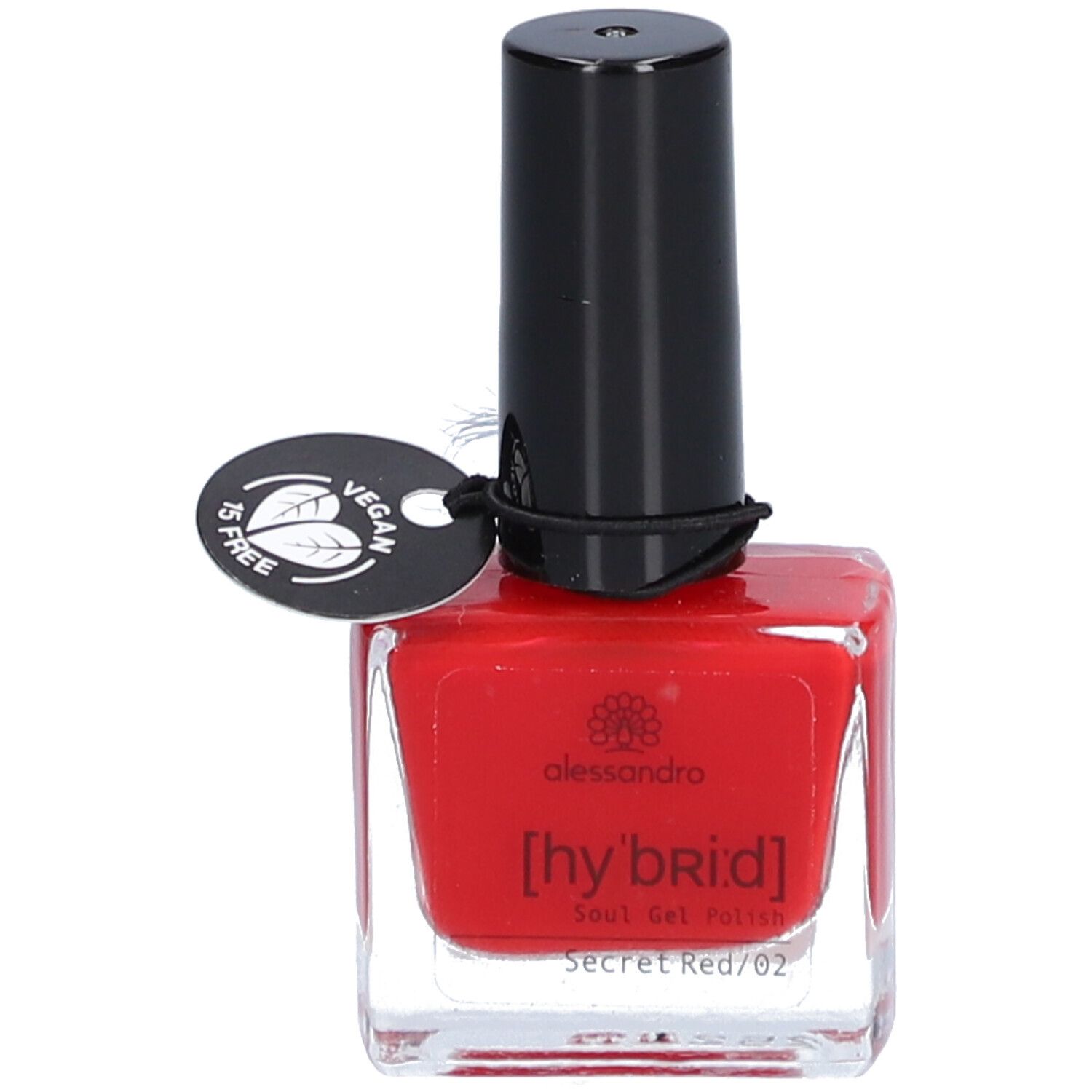 Flacon de vernis à ongles rouge avec bouchon noir. Label vegan. Inscription : alessandro, [hy:brid] Soul Gel Polish, Secret Red/02.