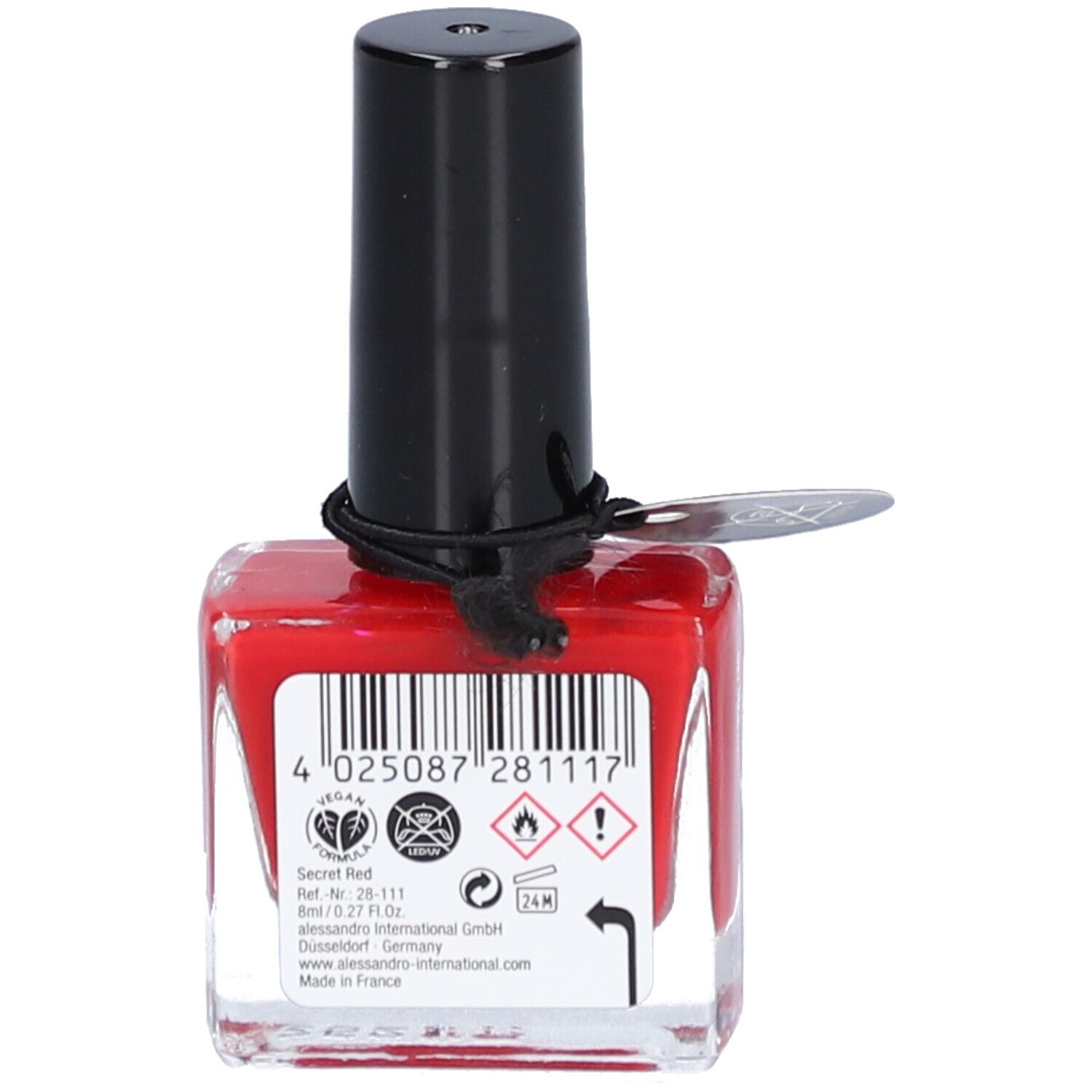 Flacon de vernis à ongles rouge avec bouchon noir. Dos avec code-barres et avertissements. Inscription : alessandro, Secret Red.