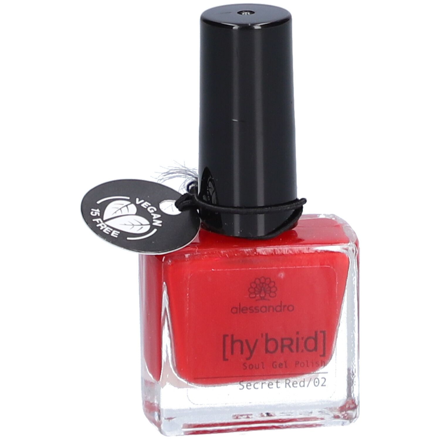 Flacon de vernis à ongles rouge avec bouchon noir. Label vegan. Inscription : alessandro, [hy:brid] Soul Gel Polish, Secret Red/02.