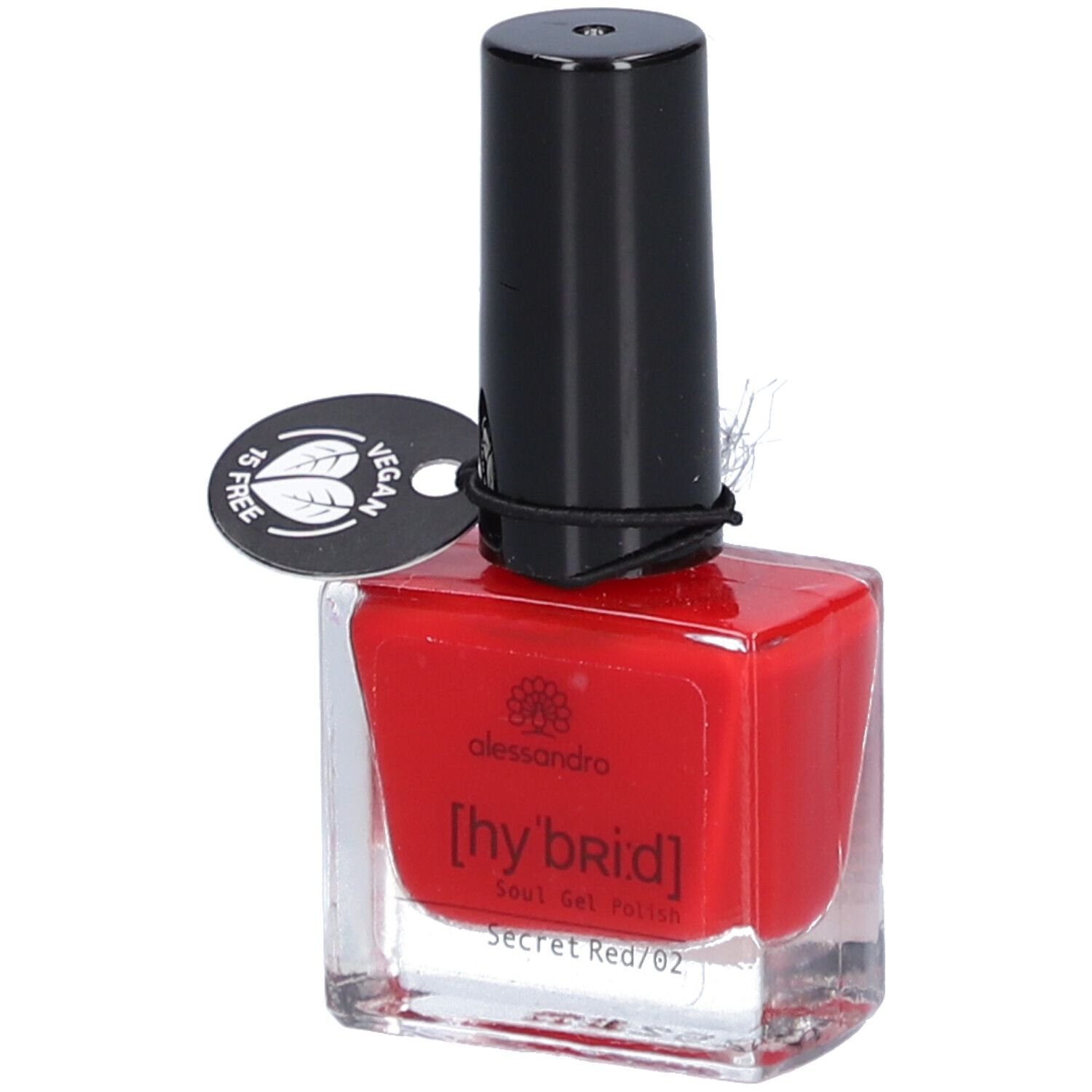 Flacon de vernis à ongles rouge avec bouchon noir. Label vegan. Inscription : alessandro, [hy:brid] Soul Gel Polish, Secret Red/02.