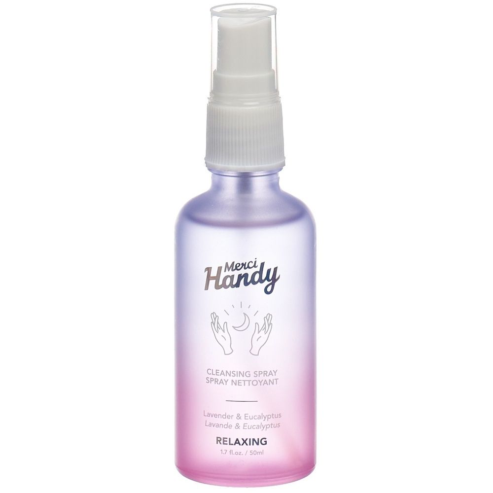 Flacon spray. Dégradé rose et violet. Inscription: Merci Handy, Cleansing Spray, Lavande & Eucalyptus, Relaxing.