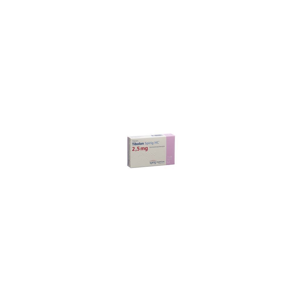 Karton mit Aufschrift: Tibolon Spirig HC 2,5 mg. Weißer Karton mit rosa Akzenten. Kleiner Karton mit Medikamenten.
