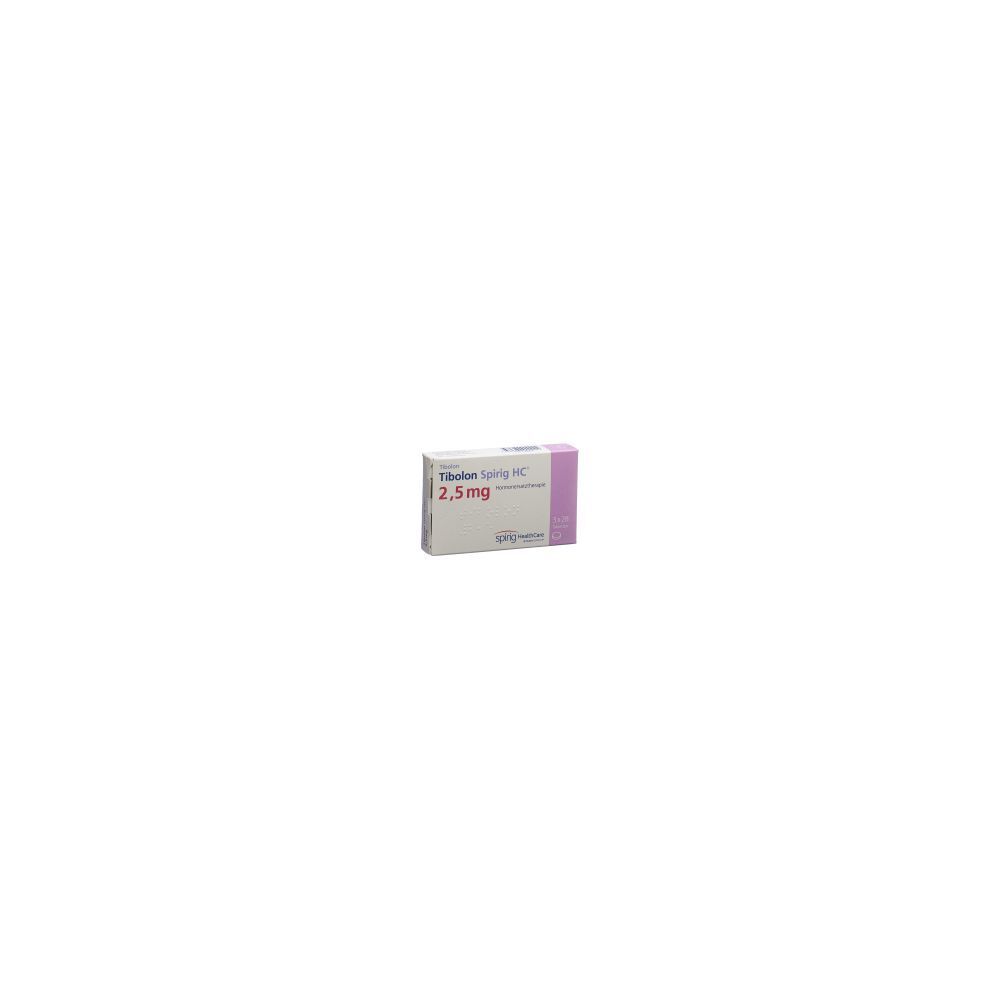 Karton von TIBOLON Spirig HC Tabl 2.5 mg. Aufschrift: 2.5mg. Weiß und lila Verpackung.
