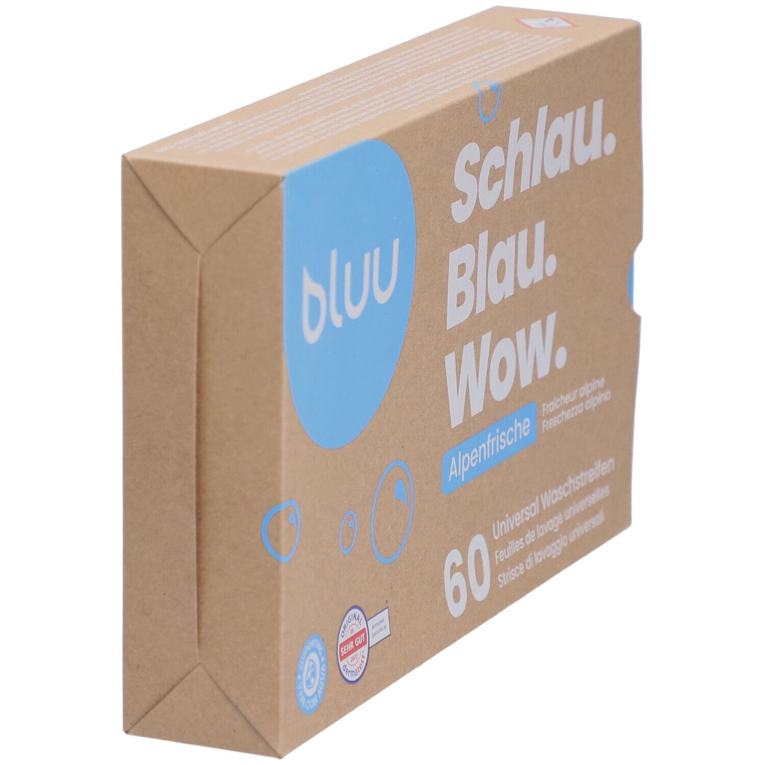 Karton "bluu" mit Text. Enthält 60 Waschstreifen Alpenfrische. Ansicht schräg von oben.