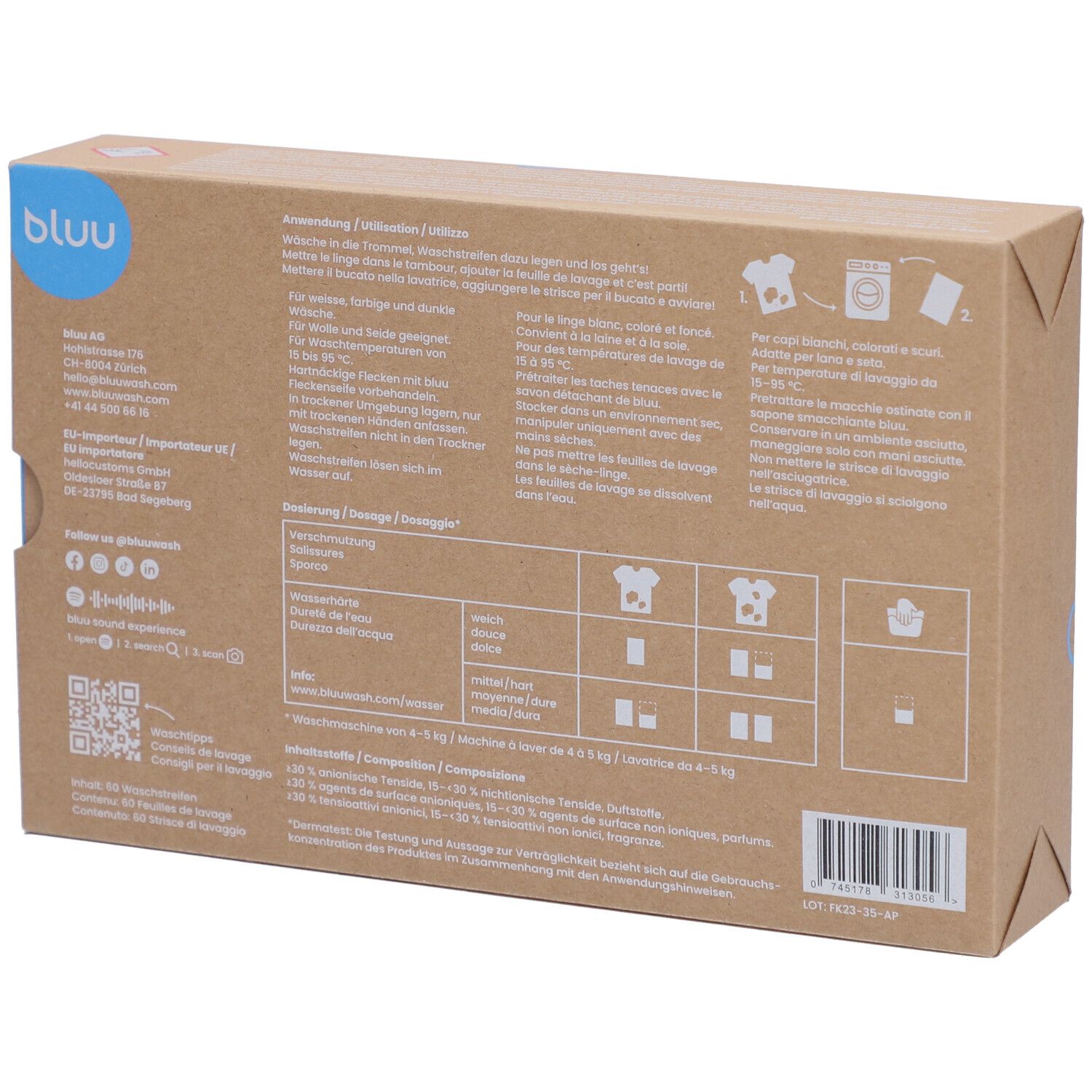Rückseite der "bluu" Waschstreifen-Verpackung. Text in Deutsch, Französisch, Italienisch. Waschsymbole.