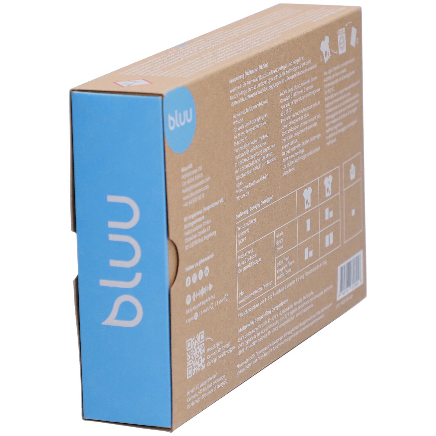 Seite der "bluu" Waschstreifen-Verpackung. Text und Logo. QR-Code. Waschsymbole.